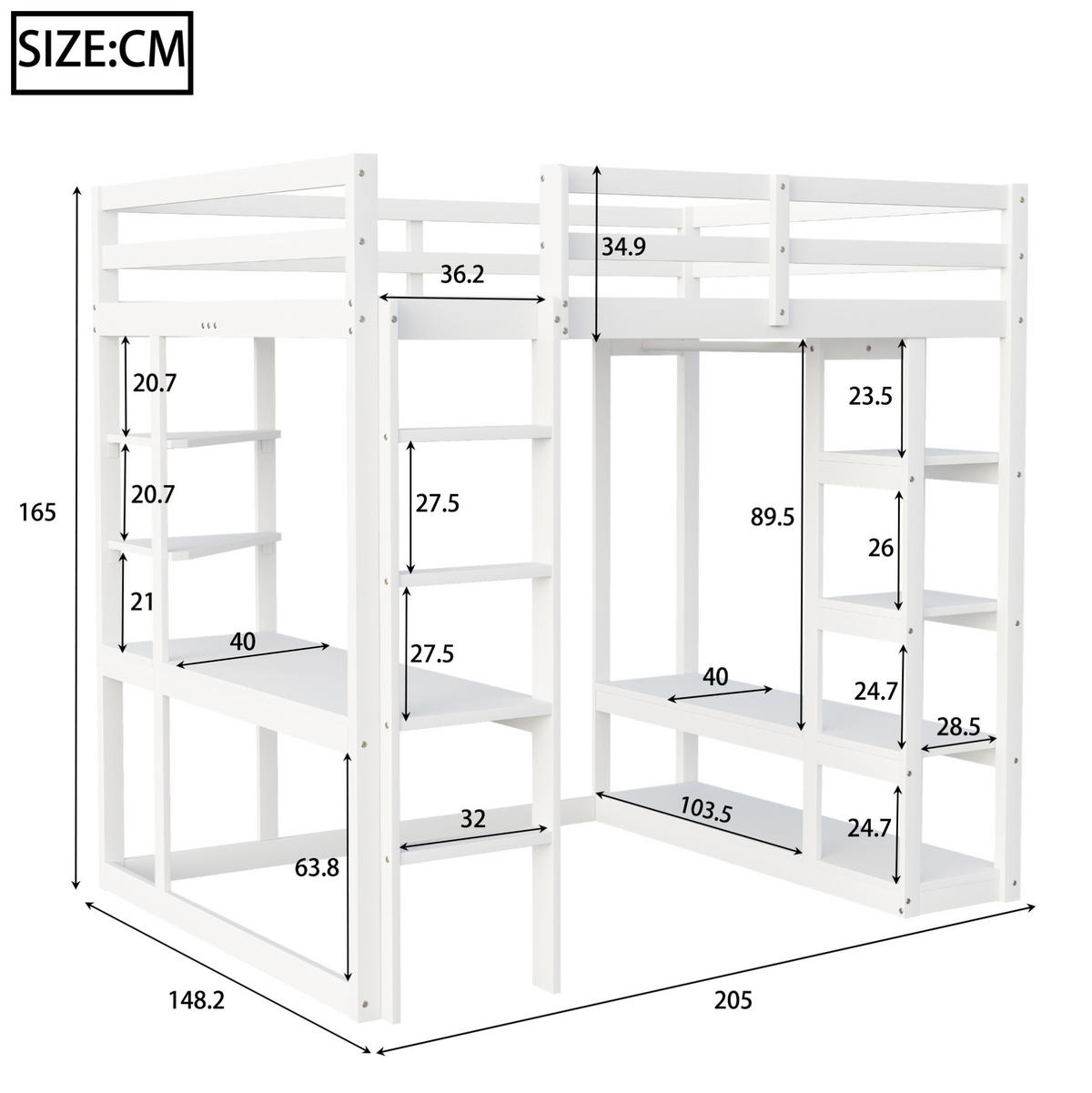HOCHBETT 140/200 cm in Weiß – mit Schreibtisch, Regalen und Stauraum - Weiß, Holz (140/200cm) - BEAOK