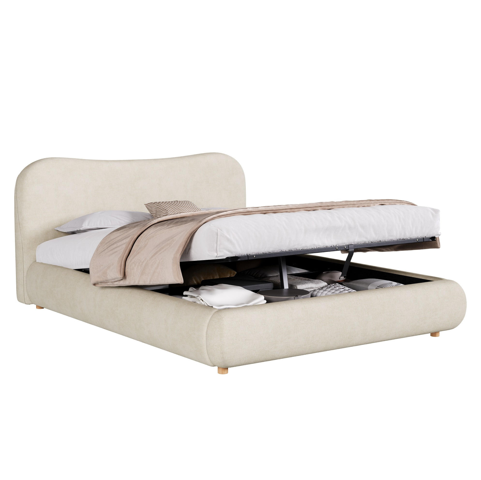 POLSTERBETT aus Chenille 160x200 cm Beige mit hydraulischem Bettkasten und Lattenrost - Beige, Textil (160/200cm) - Modfu
