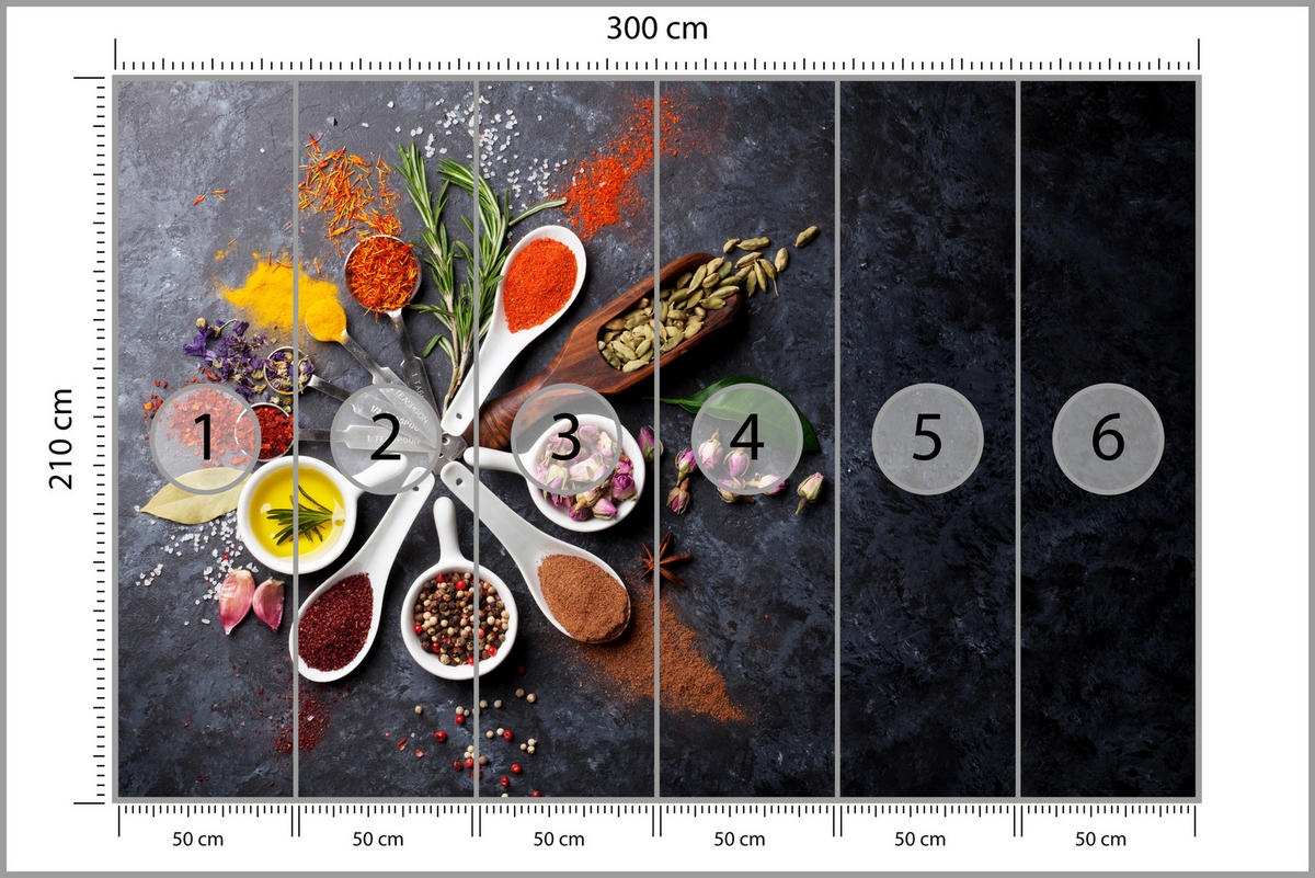 FOTOTAPETE für Küche Orientalische Kräuter Gewürze Löffel 300x210 - Gelb/Rot, Papier (300/210cm) - Muralo