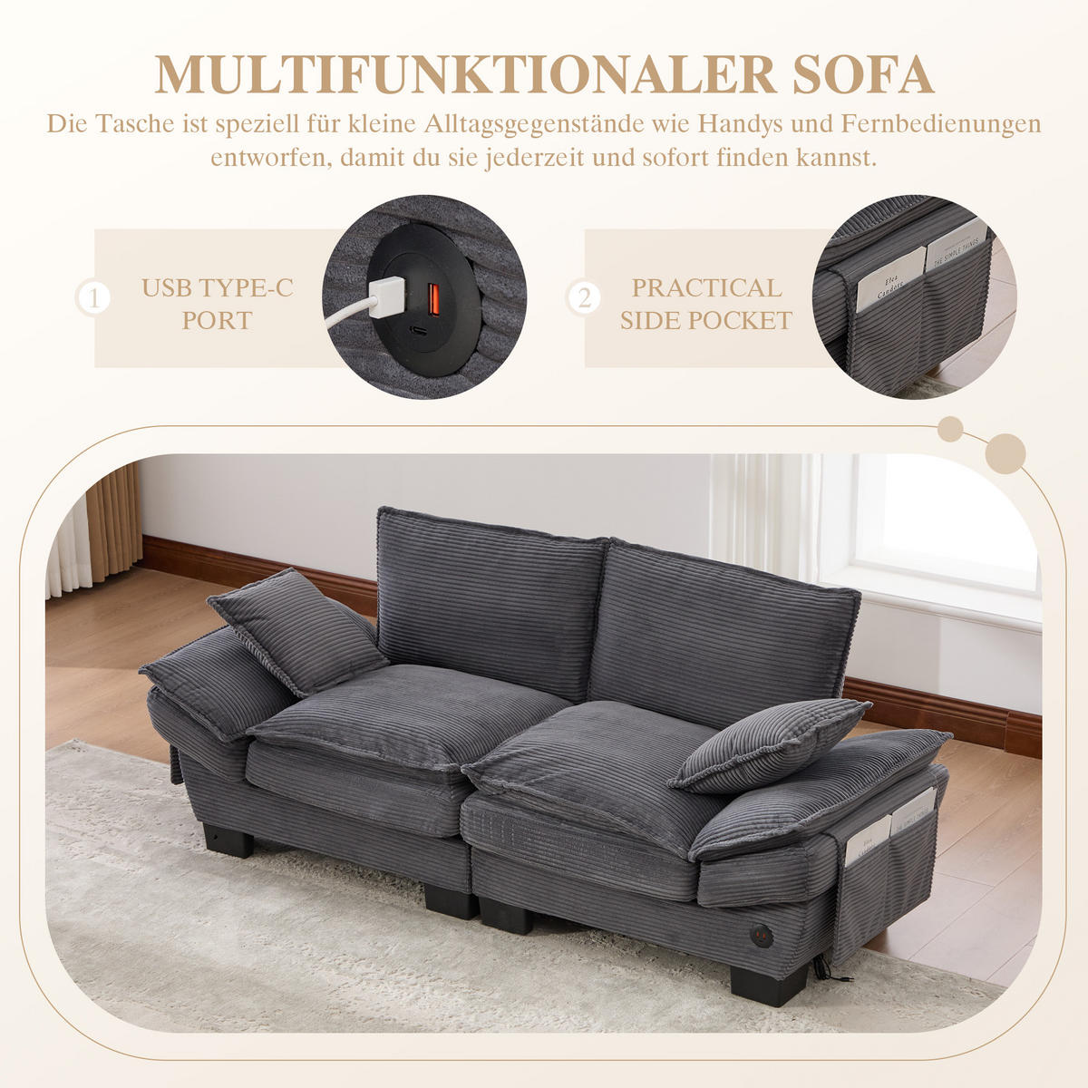 2-SITZER SOFA Cord Dunkelgrau mit USB-C und Seitentaschen - Dunkelgrau, Holzwerkstoff/Kunststoff (190/84/73cm) - WISHDOR