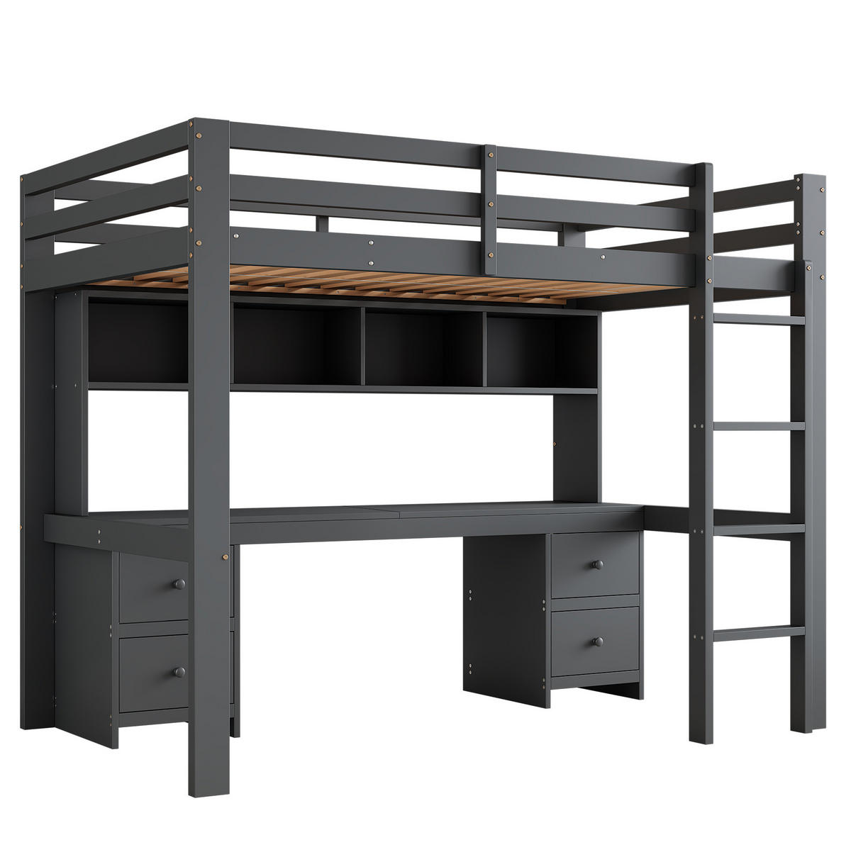 HOCHBETT aus Kiefernholz und MDF 90x200 cm Grau mit Schreibtisch, 4 Schubladen und Ablagefächern - Grau, Holz (90/200cm) - IVMEU