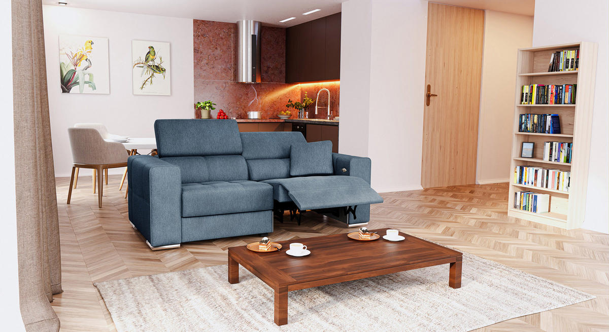SOFA QUARTZ 3-Sitzer mit 1 Relaxfunktion, blau - Blau/Silberfarben, Holzwerkstoff/Textil (204/80/102cm) - Courtois Laville