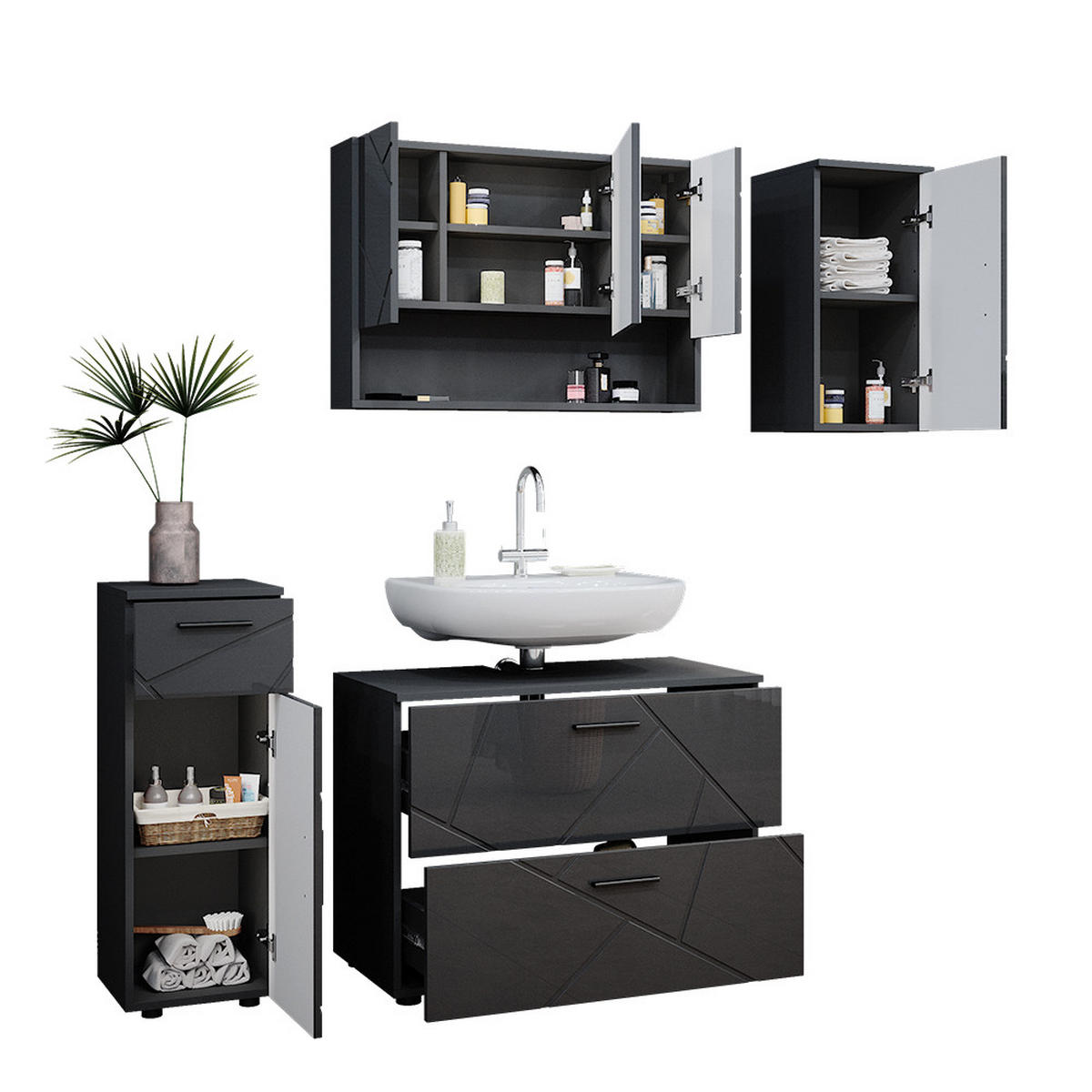 BADMÖBEL-SET Irma Anthrazit Hochglanz 4 Teile - Anthrazit, Holzwerkstoff (80/58.6/41cm) - Vicco