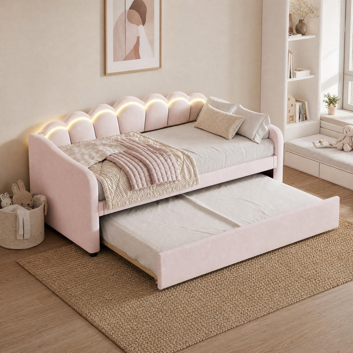 POLSTERBETT 90/200 mit Ausziehbett, LED-Umgebungslicht und Fernbedienung in Rosa - Rosa, Holzwerkstoff/Textil (90/200cm) - EVRYAE