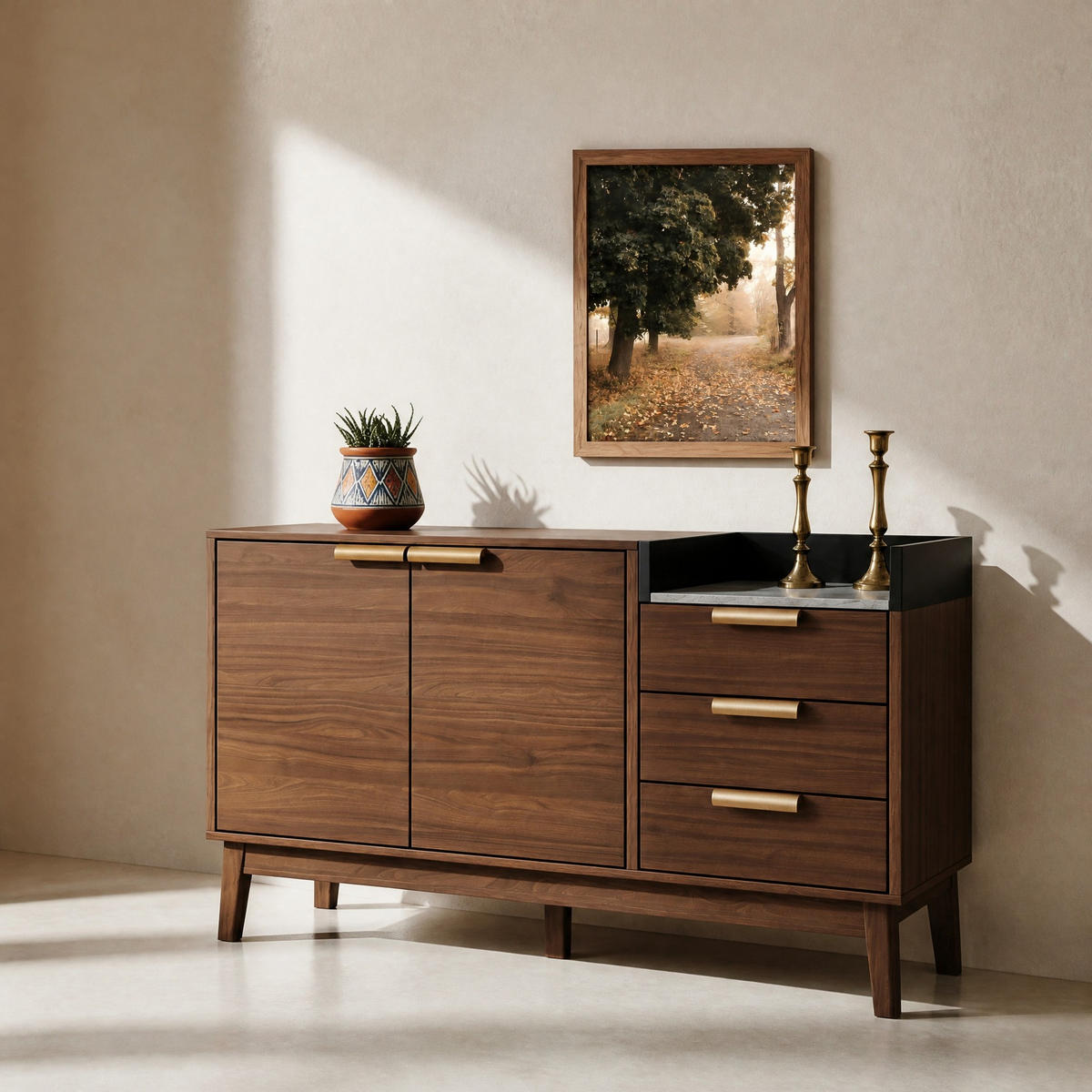 SIDEBOARD in dunkler Eiche mit Marmor-Optik Platte, 3 Schubladen und Doppeltürschrank, kehrroboterfähig, 120/40/77 cm, dunkler Eiche - Eichefarben, Holzwerkstoff (120/77/40cm) - Redom