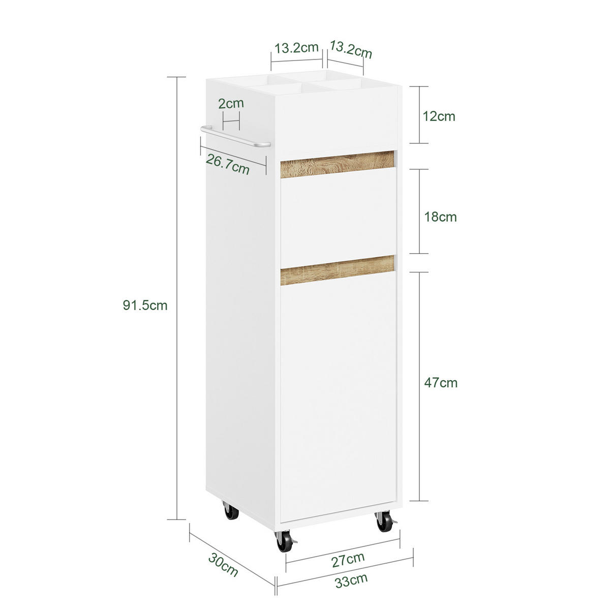 BADEZIMMERSCHRANK mit Rollen und Handtuchhalter Weiß 33x30x91,5 cm - Weiß, Holzwerkstoff (33/91/30cm) - SoBuy
