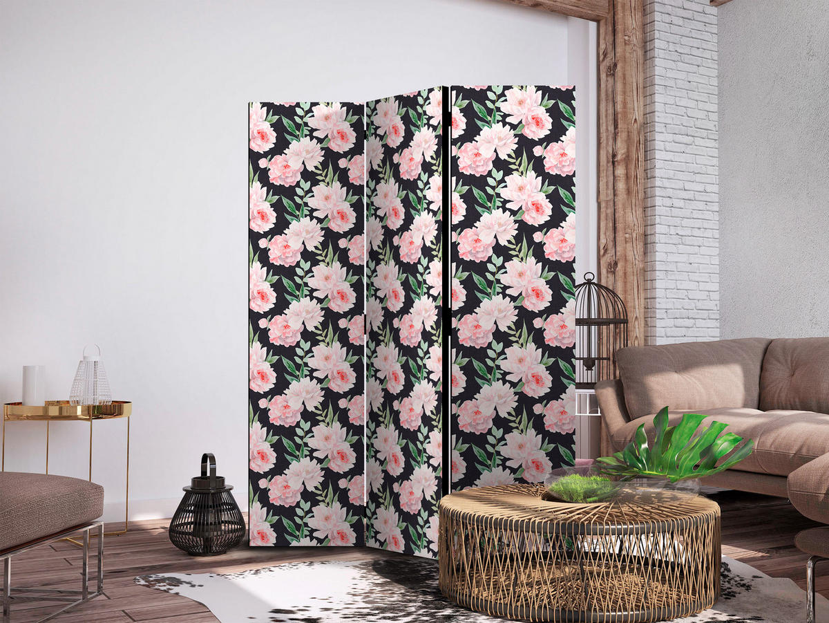 PARAVENT Einseitig Bedruckter 3-tlg 135x172 cm Pfingstrosen Blumen - Multicolor, Holz/Textil (135/172/3cm) - Muralo