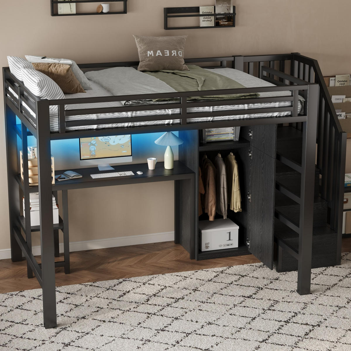 HOCHBETT 140/200 cm mit Schreibtisch, LED-Beleuchtung, Regal, Kleiderschrank und Stauraumtreppe, Schwarz - Schwarz, Holzwerkstoff (140/200cm) - Redom