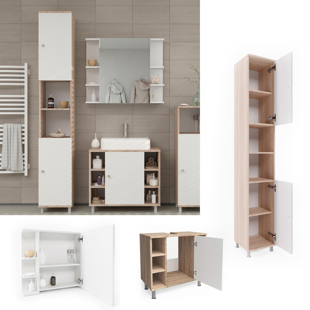BADMÖBEL-SET Fynn Sonoma 3 Teile, mit Hochschrank - Weiß/Sonoma Eiche, Holzwerkstoff (60/54/32cm) - Vicco