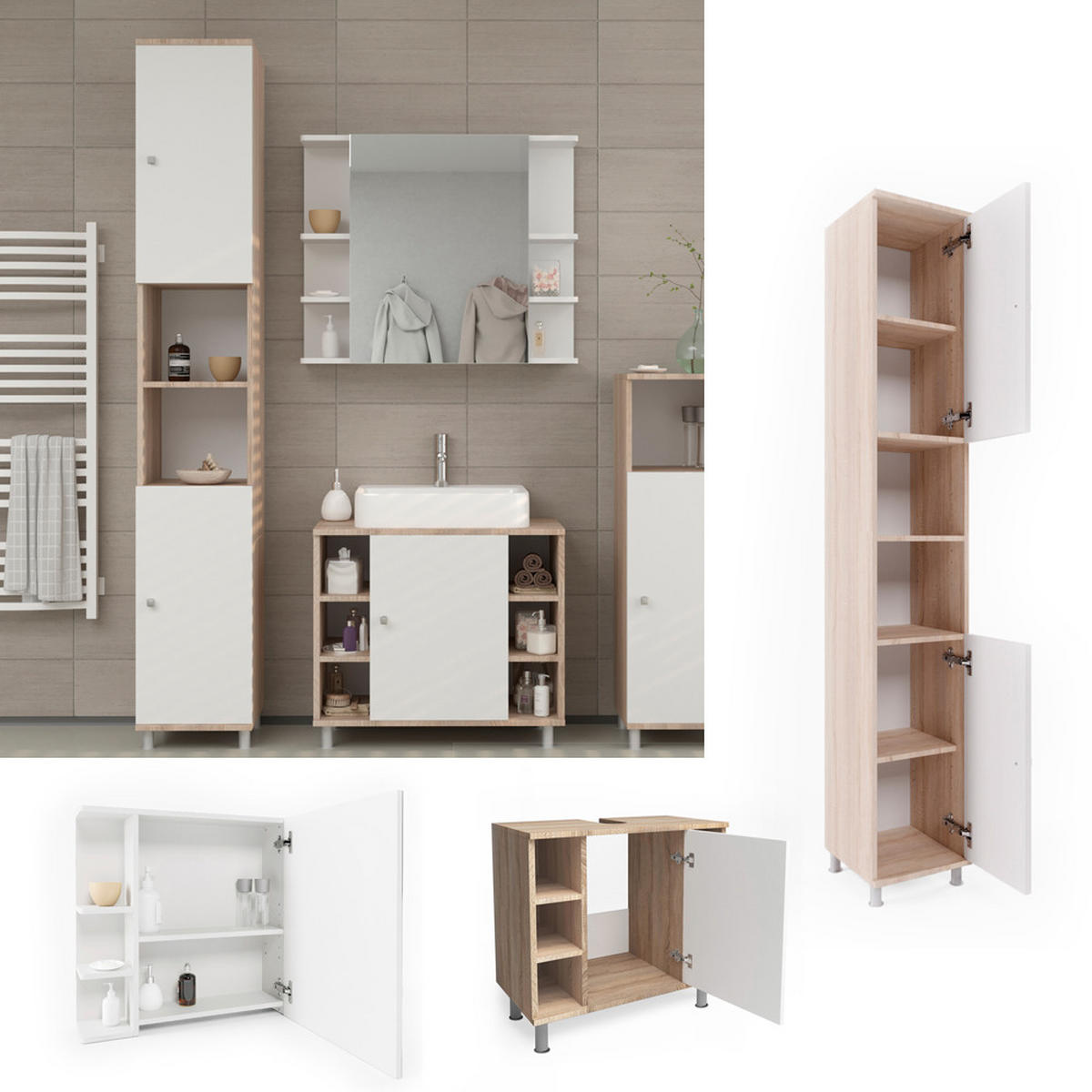 BADMÖBEL-SET Fynn Sonoma 3 Teile, mit Hochschrank - Weiß/Sonoma Eiche, Holzwerkstoff (60/54/32cm) - Vicco