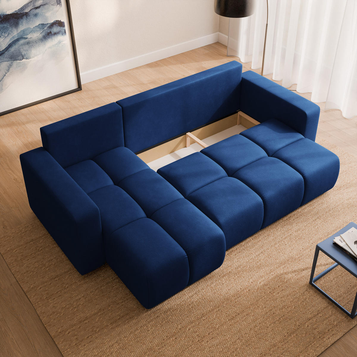 ECKSOFA RAMIL Blau Plüsch-Stoff mit Schlaffunktion - Blau, Holz (240/149cm) - MASSENO