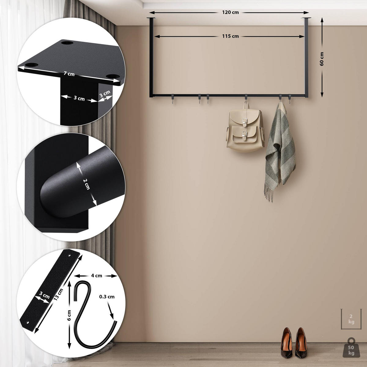 KLEIDERSTÄNDER 150x38x120-schwarz-Metall - Schwarz, Metall (120/60/7cm) - CLP