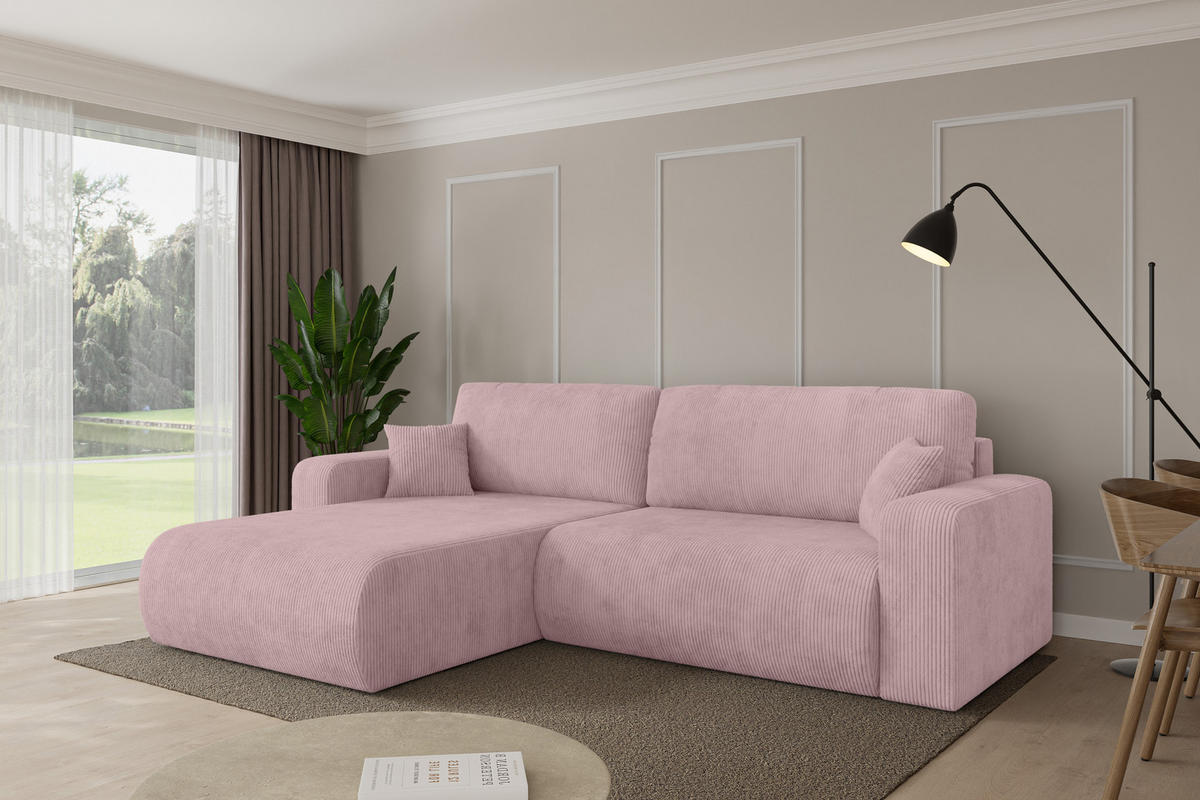 ROHOVÁ SEDAČKA s funkcí spaní, otoman vlevo BERY-L 276x193x88 růžová manšestr - růžová/černá, kompozitní dřevo/textil (276/193cm) - ALTDECOR
