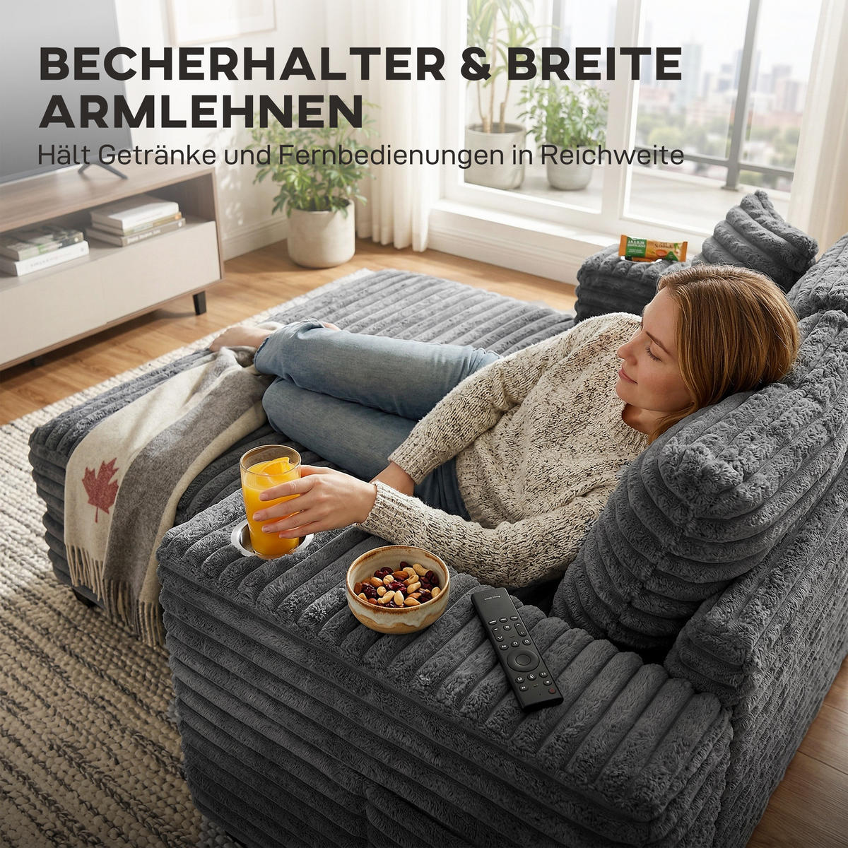 CHAISELONGUE 2 SITZER DE-06570 Großes Schlafsofa mit Becherhalter Grau - Grau, Holz/Textil (134/89/151cm) - ComfortXL