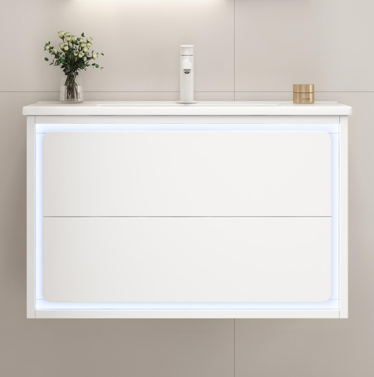 WASCHTISCHKOMBI 76/46/48,5 cm in Weiß mit LED-Sensorlicht und 2 Schubladen - Weiß, Holzwerkstoff (76/58.5/46cm) - BEAOK