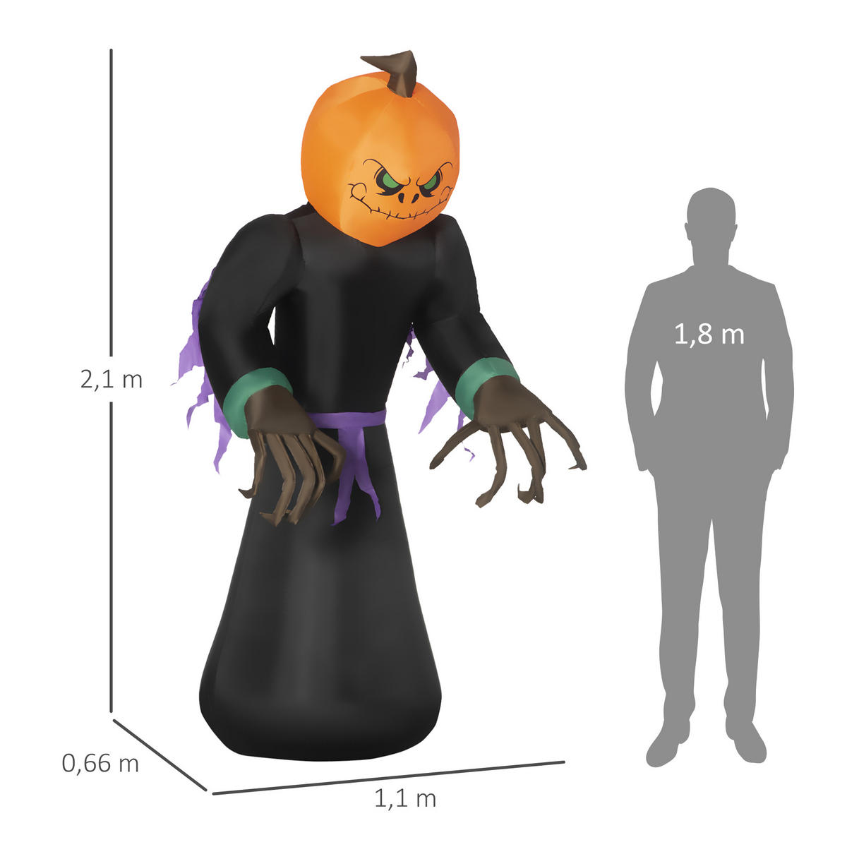HALLOWEEN AUFBLASBARER KÜRBIS, Orange und Schwarz, Polyestergewebe - Orange, Kunststoff (66/210/110cm) - HOMCOM