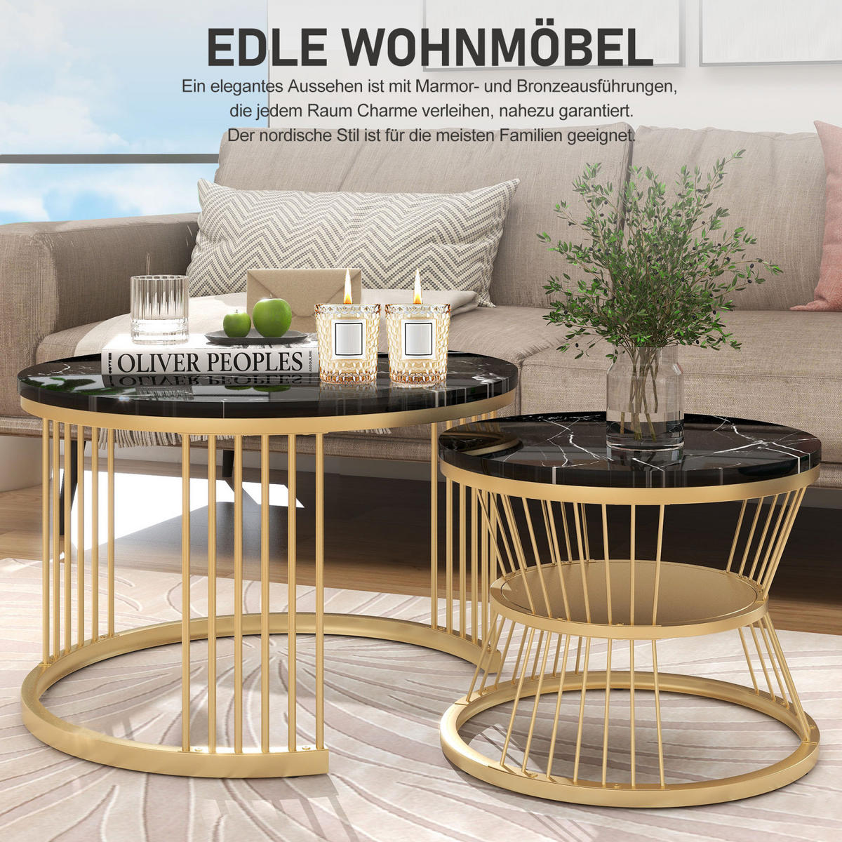 KONFERENČNÍ stolek, sada 2 kusů, kulaté MDF stolky, černé, zlatý rám, moderní - černá, kov (70/70/45cm) - EuroLiving