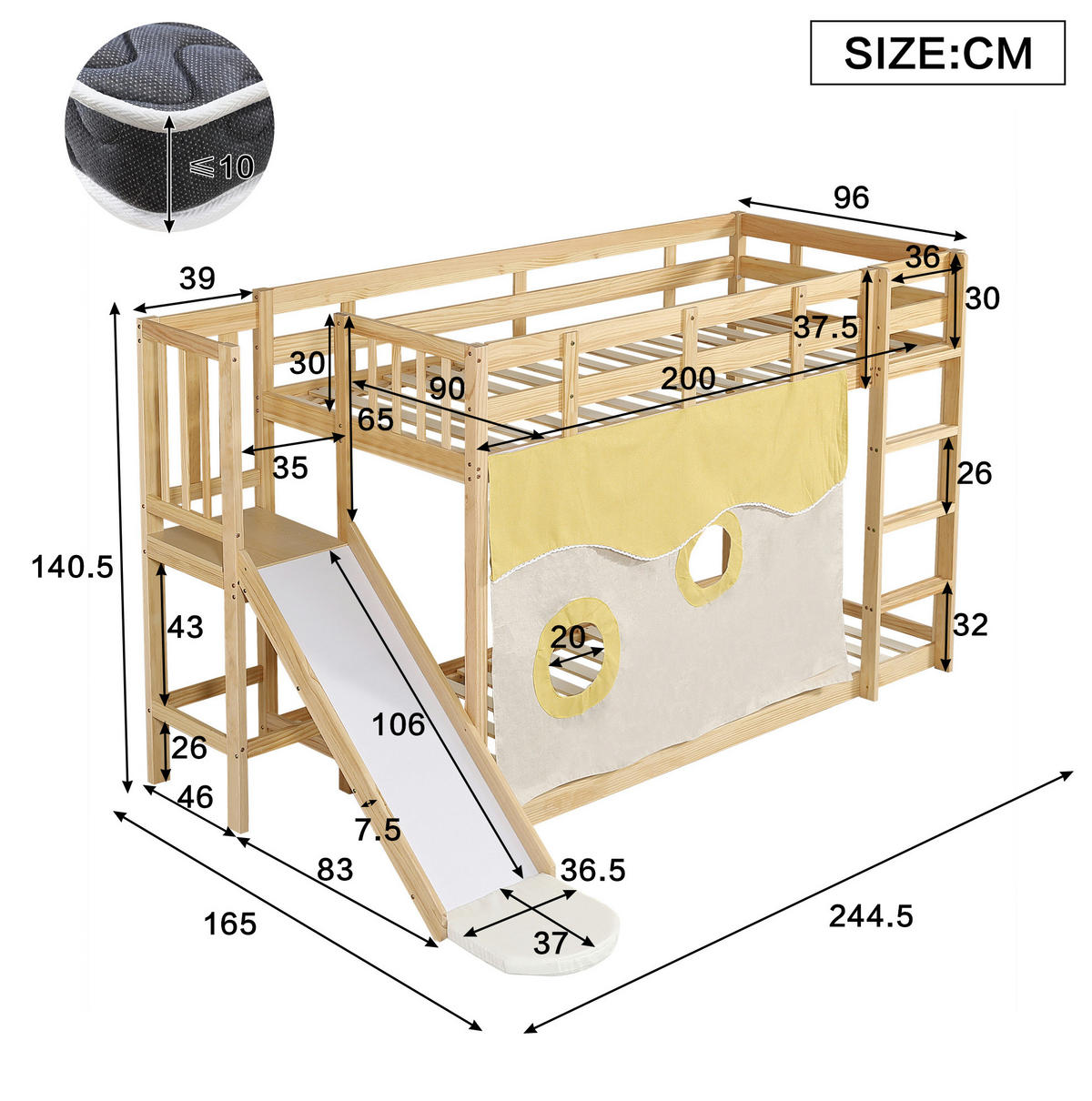 ETAGENBETT 90/200 cm aus Kiefer und MDF mit Treppe, Rutsche und Bettvorhang Natur - Naturfarben, Holzwerkstoff (90/200cm) - Modenvie