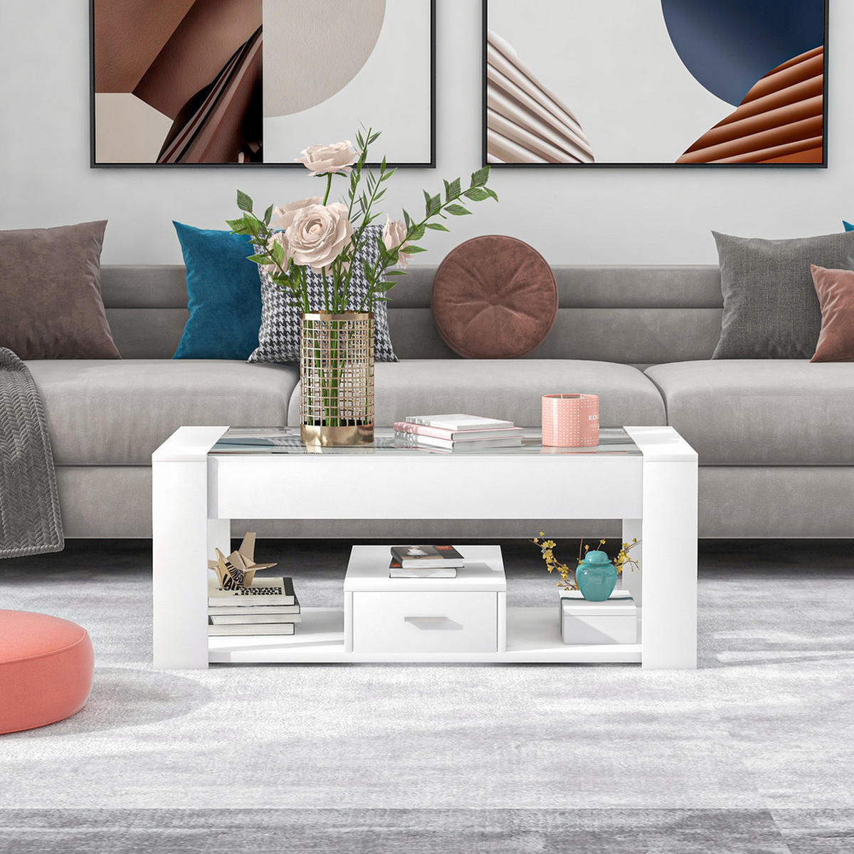 COUCHTISCH 100x50cm Weiß Glasplatte Schließfächer Stauraum Modern - Weiß, Holz (116.3/63/13.3cm) - FLIEKS