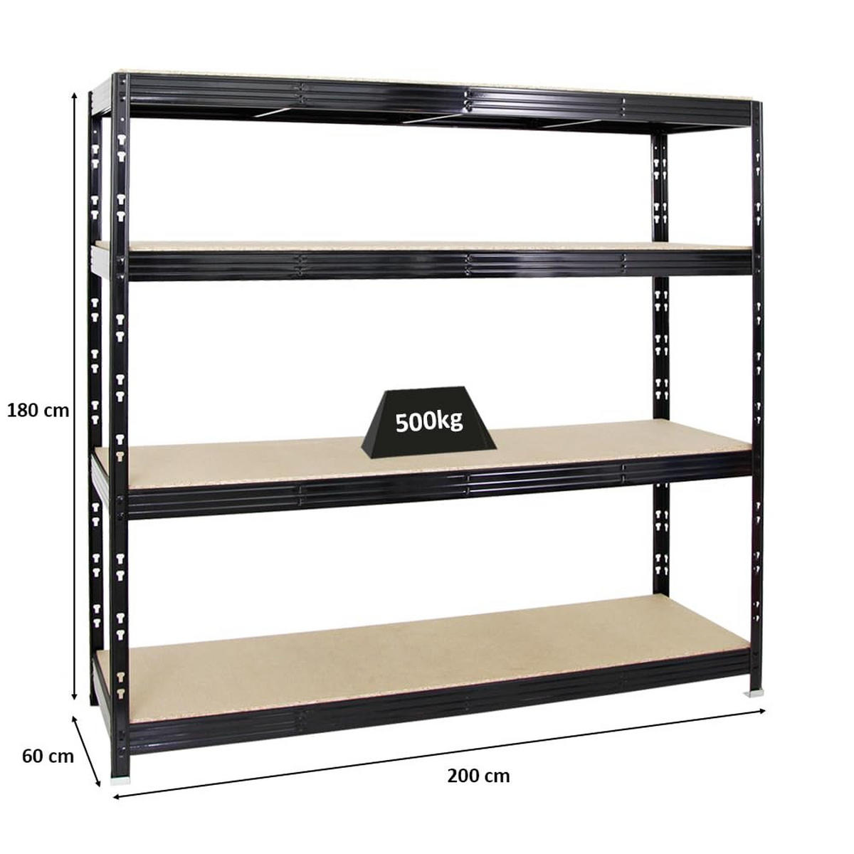 SCHWERLASTREGAL Rhino 180x200x60 cm 4 Spanplatten-Ebenen 16mm Fachlast 500 kg Schwarz - Schwarz, Metall (200/180/60cm) - PROREGAL