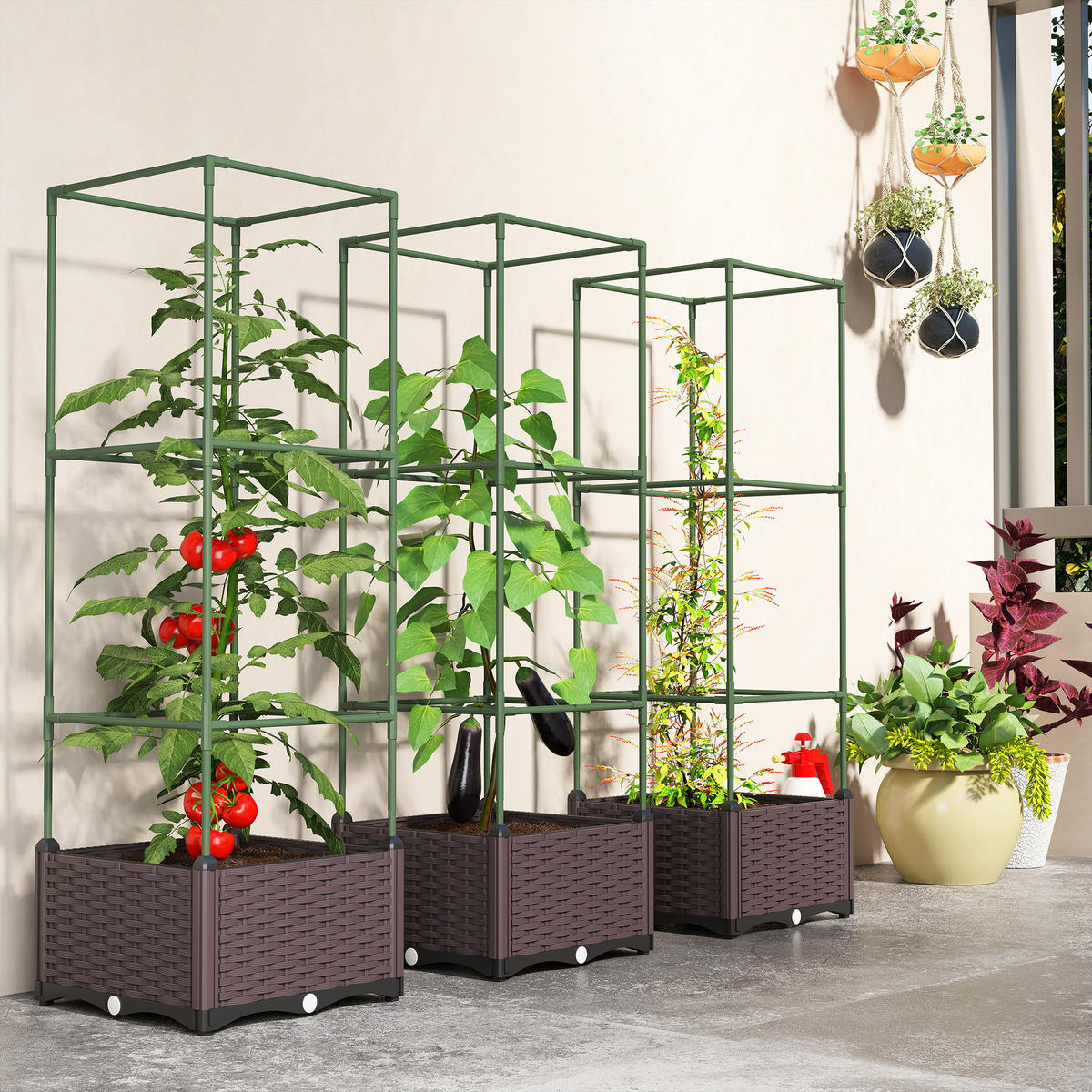 HOCHBEET mit Rankgitter 3er Set Pflanzkasten Blumenkasten mit Abflusslöchern - Grün, Metall (40/125/40cm) - Outsunny