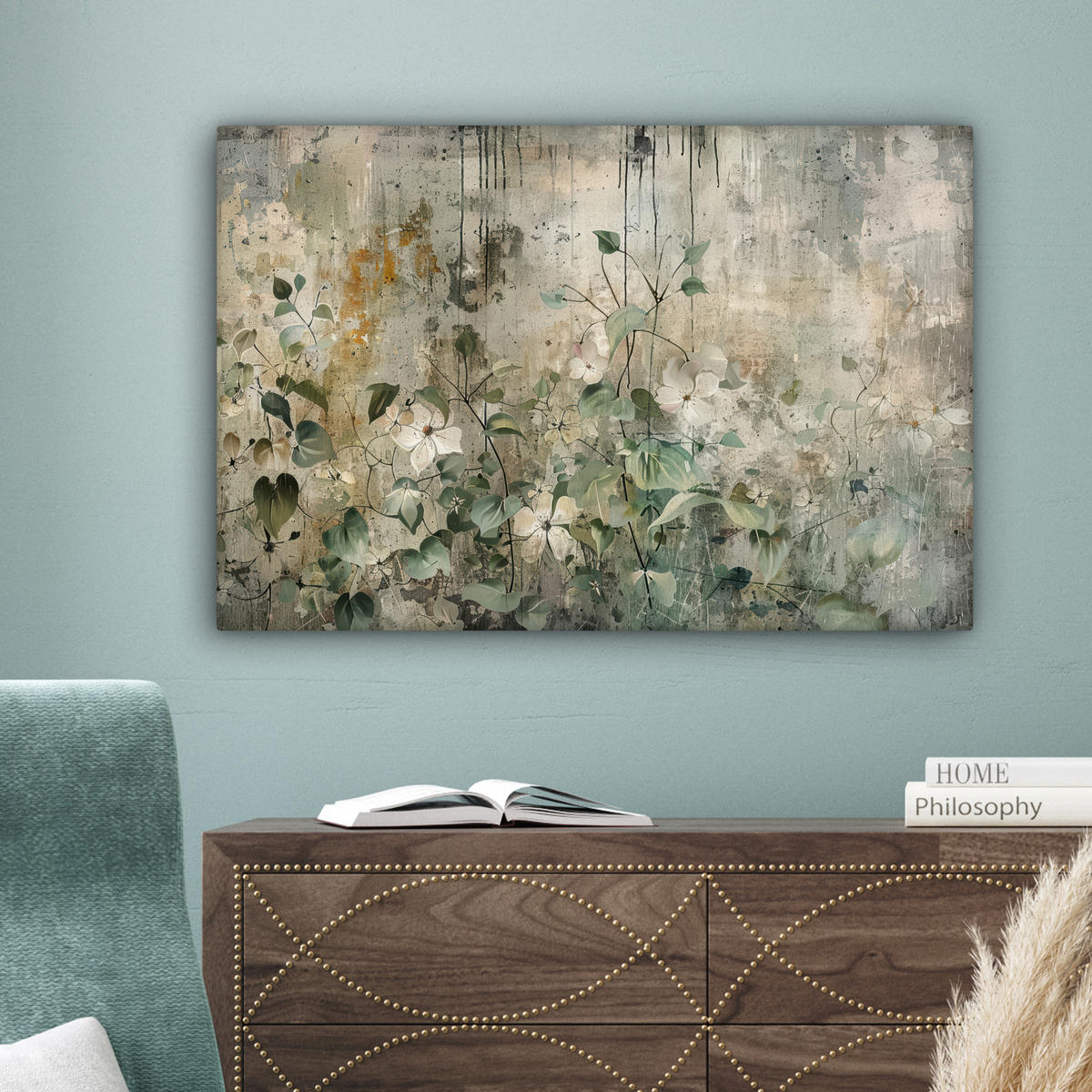 LEINWANDBILD - Blumen - Blätter - Abstrakt - Modern - 90x60 - Deko Wohnzimmer - Grau, Textil (90/60cm) - MuchoWow