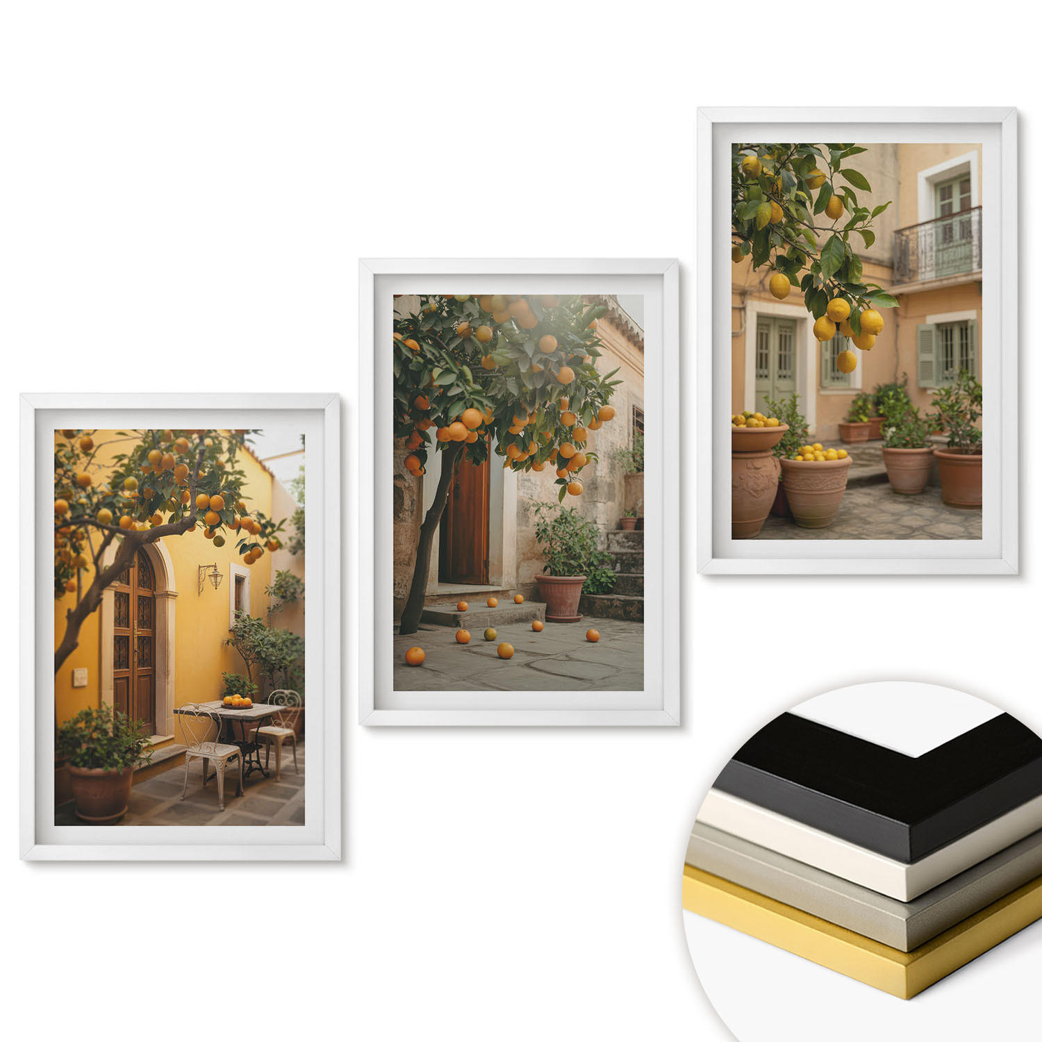 WANDBILDER 3er-Set - 40x60 cm Weißer Rahmen - Garten-Zitrus-Sonne - Weiß, Kunststoff (40/60cm) - ArtPrintCave