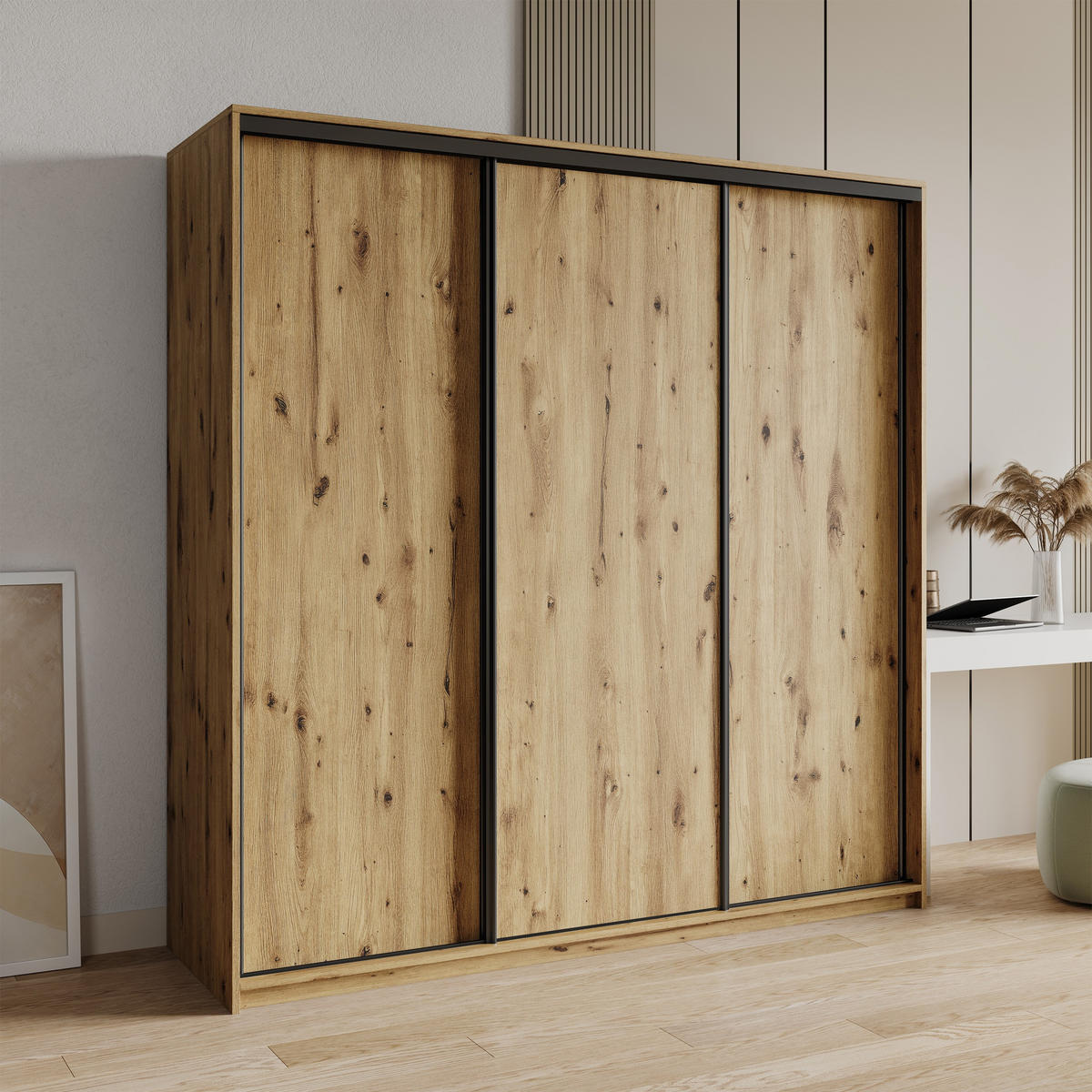 SCHWEBETÜRENSCHRANK NISSE 180/205/60 cm 3-türig mit Schubladen Eiche Artisan - Schwarz/Eiche Artisan, Holzwerkstoff (180/205/60cm) - MASSENO