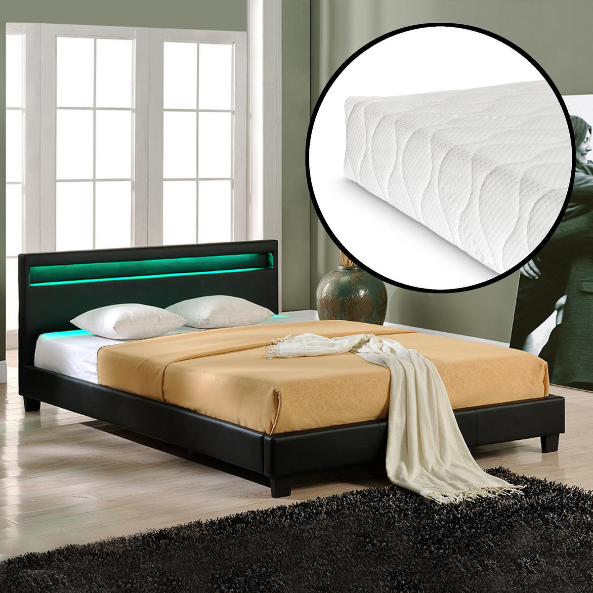 POLSTERBETT Paris mit Matratze und LED-Beleuchtung - Schwarz, Textil (140/200cm) - Corium