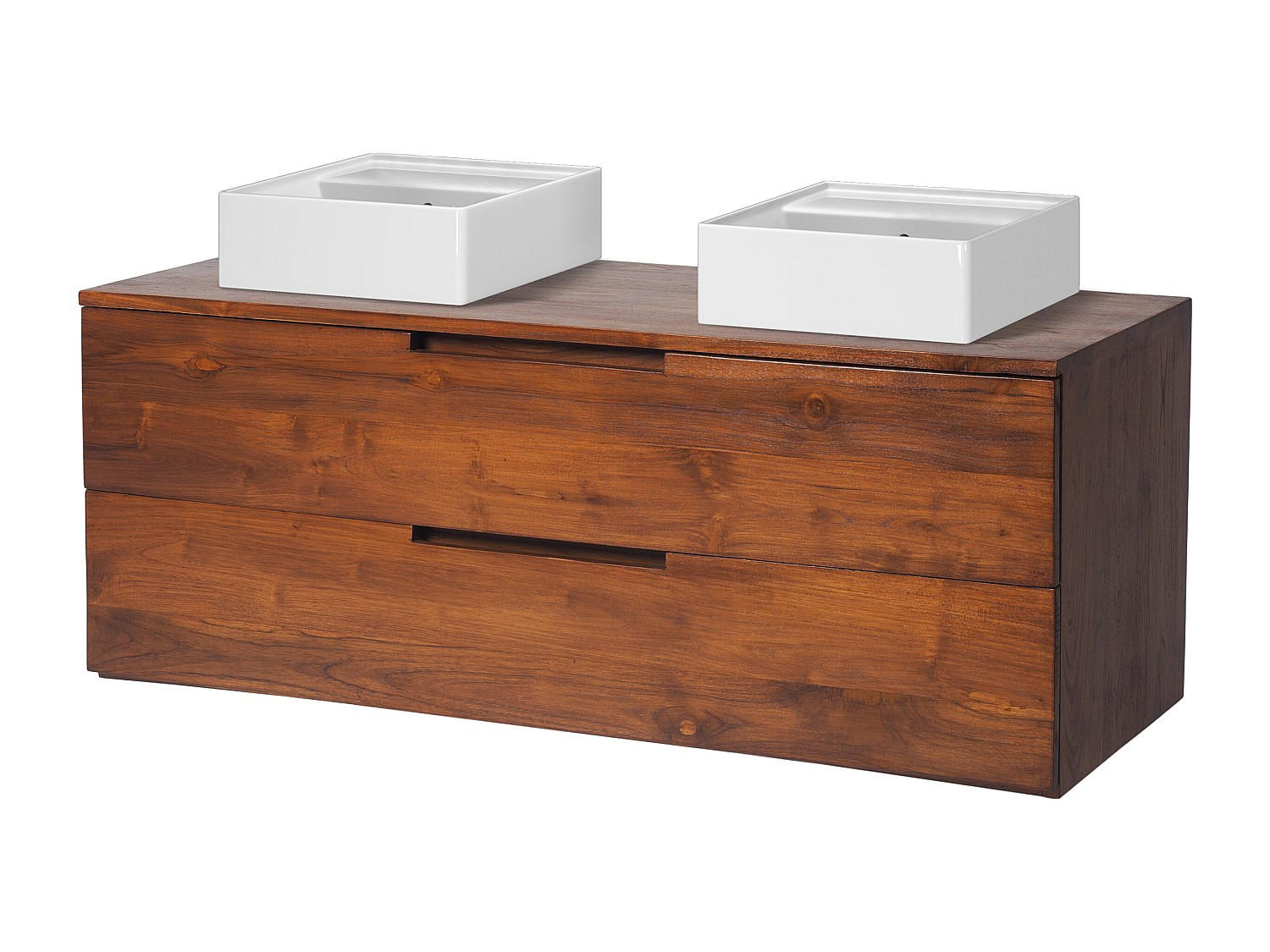 DOPPELWASCHTISCH - 115 cm x 45 cm - Keramik, Holz, Platte - Naturfarben Dunkel - BIMBING - Teakfarben, Keramik/Holz (115/45/45cm) - Vente-Unique