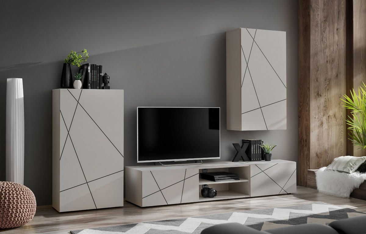 WOHNWAND Kaschmir, schwarz 260 cm, Schrankwand mit Streifendruck, Push-to-Open - Kaschmir/Schwarz, Holzwerkstoff/Kunststoff (260/180/45cm) - Furn.Design