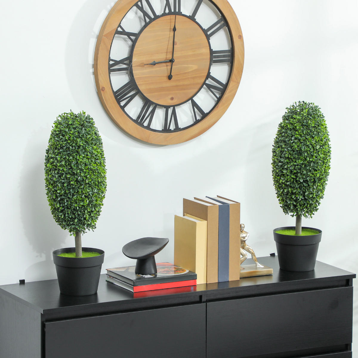 KÜNSTLICHE Buchsbaum 2er-Set 60 cm Kunstpflanze im Olivenform, Dekoration - Schwarz/Grün, Kunststoff (60cm) - HOMCOM
