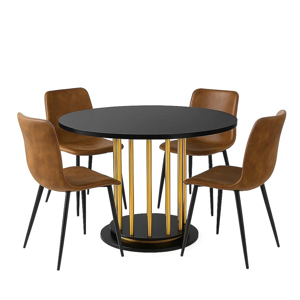 ESSTISCH SET rund Schwarz mit goldfarbenem Gestell und 4 Stühlen in Wildlederoptik - Braun, Holzwerkstoff (110/74.6/110cm) - Urban Meuble