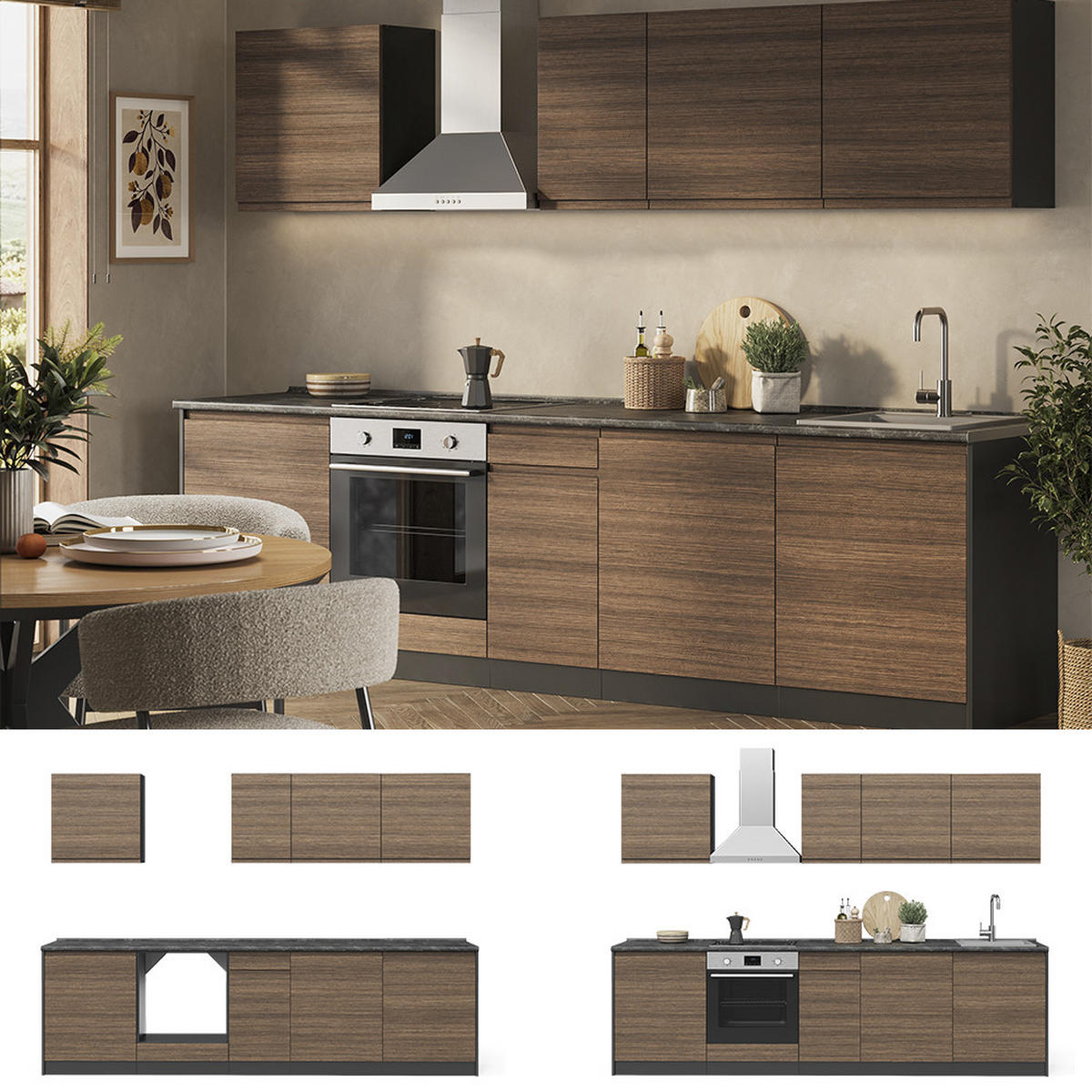 KUHINJSKI BLOK R-Line, Tobak in oreh/Antracit, 280 cm delovna plošča Bela - barva oreha/antracit, leseni material (280/206.8/60cm) - Vicco
