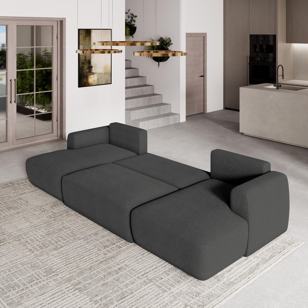 WOHNLANDSCHAFT SENTUM N Grau Boucle-Stoff mit Schlaffunktion - Grau, Holz (330/90/148cm) - MASSENO