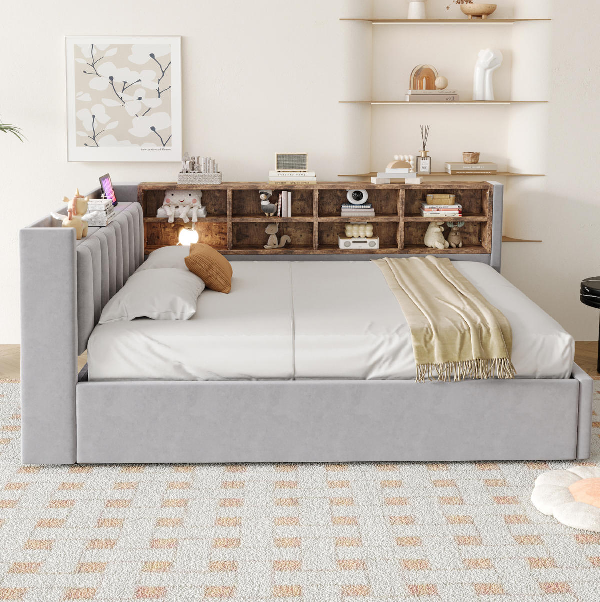 POLSTERBETT Schlafsofa aus Samt 140x200 cm Hellgrau mit hydraulischem Stauraum, Nachtlicht und USB-/Typ-C-Anschlüssen - Hellgrau, Textil (140/200cm) - Modfu
