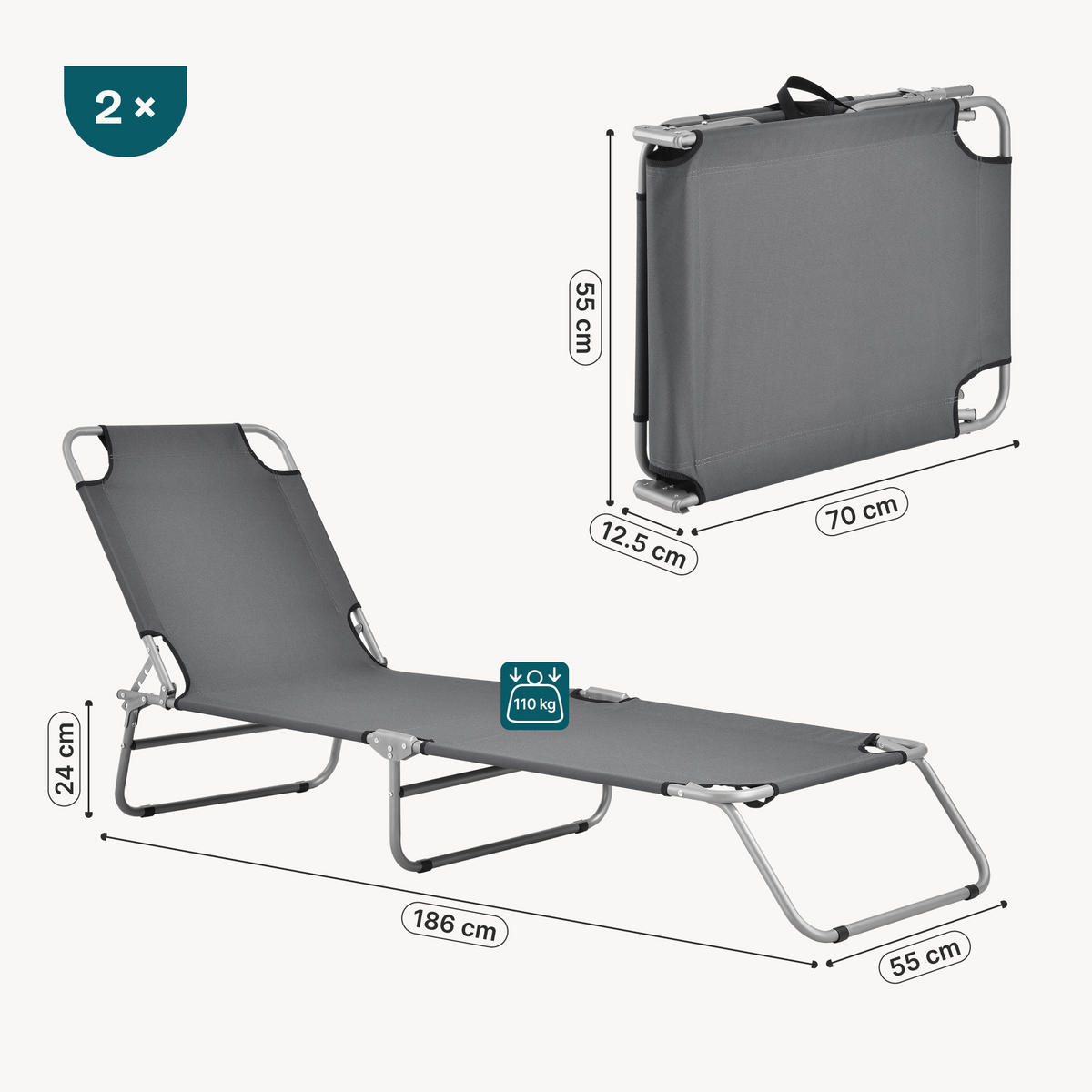 SONNENLIEGE-SET 2 TLG. Carcao - Dunkelgrau, Textil/Metall (186/24/55cm) - casa.pro