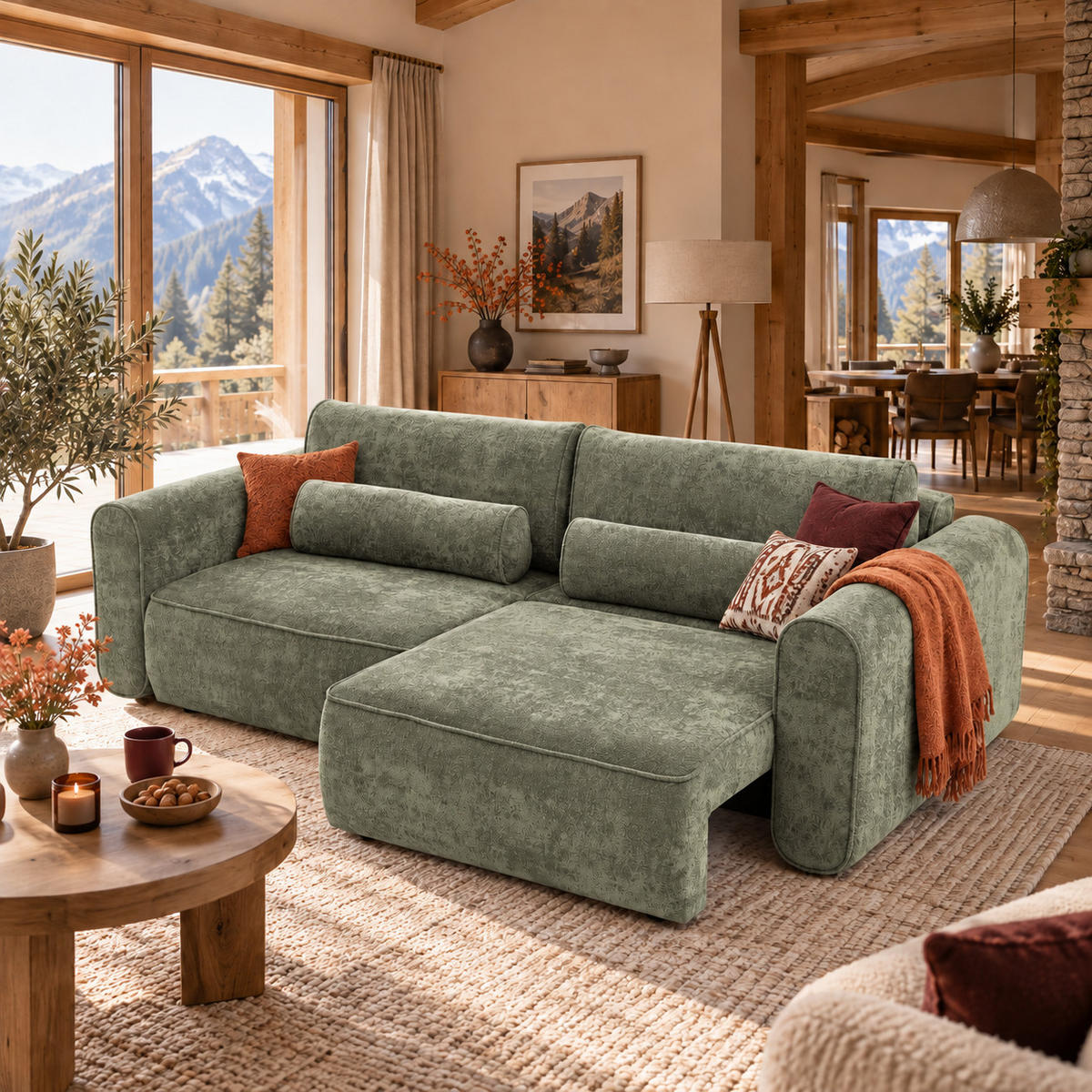 ECKSOFA MOTION mit Schlaffunktion 130x200 Webstoff Grün - Schwarz/Grün, Holz/Textil (250/166cm) - Muffo