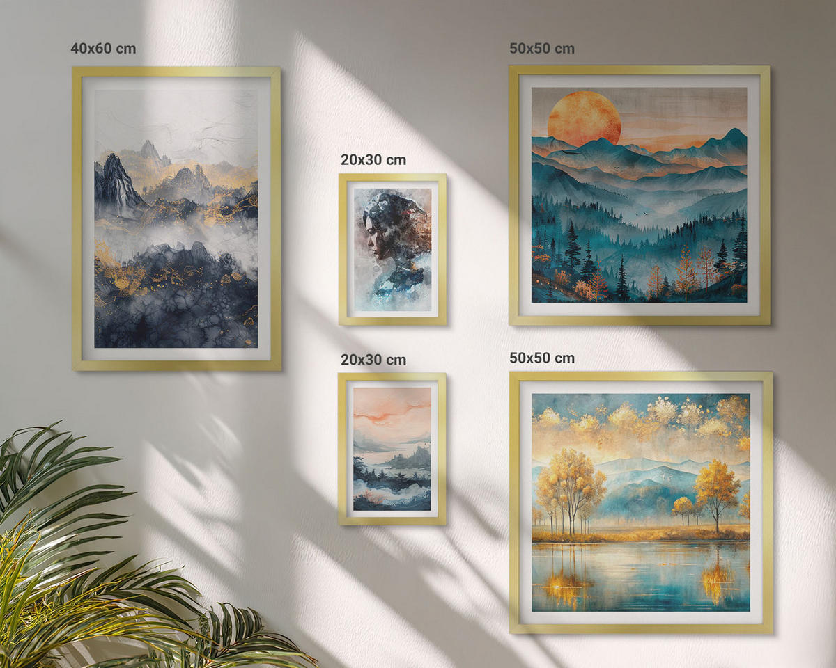 BILDER SET 5er Set - 50x50 cm & 20x30 cm & 40x60 cm Goldrahmen - Tropische Pflanzen, Vögel, Natur - Goldfarben, Kunststoff (40/60cm) - TULUP