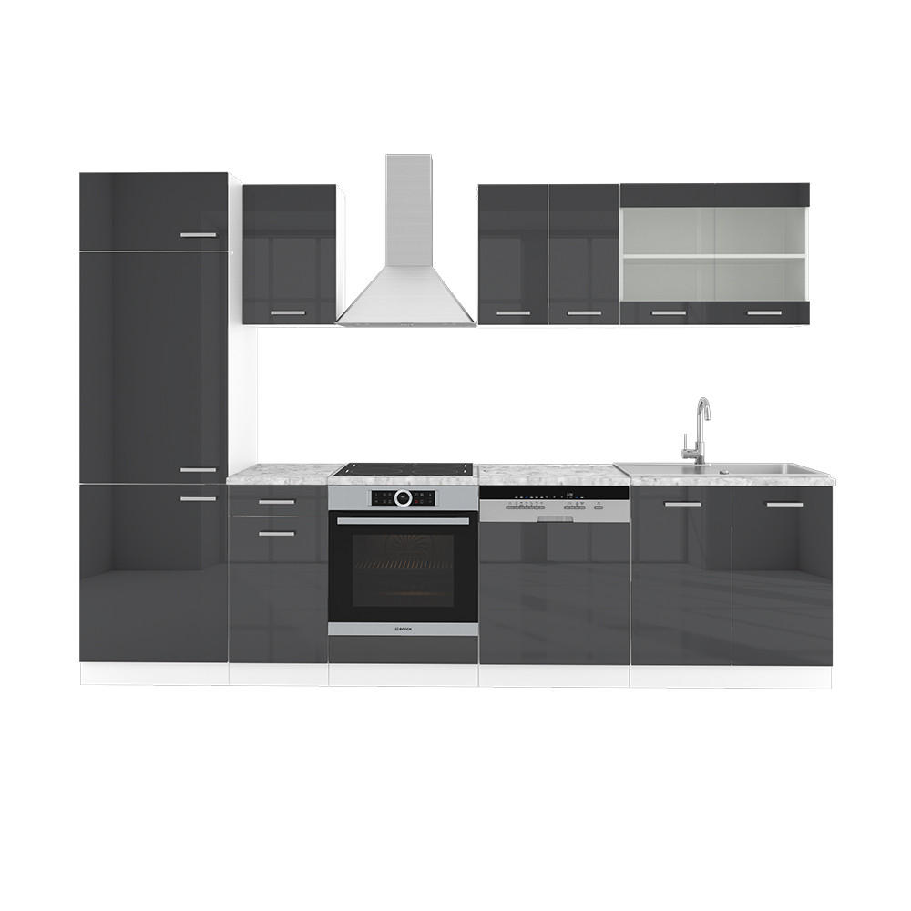 KÜCHENZEILE R-Line Anthrazit Hochglanz/Weiß 300 cm ohne AP - Anthrazit/Weiß, Holzwerkstoff (300/81.6/46cm) - Vicco