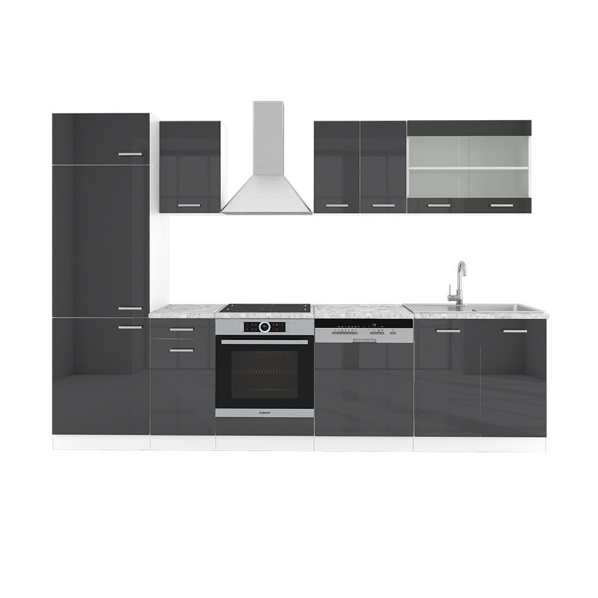 KÜCHE R-Line Anthrazit Hochglanz/Weiß 300 cm, AP Marmor - Anthrazit/Weiß, Holzwerkstoff (300/81.6/60cm) - Vicco