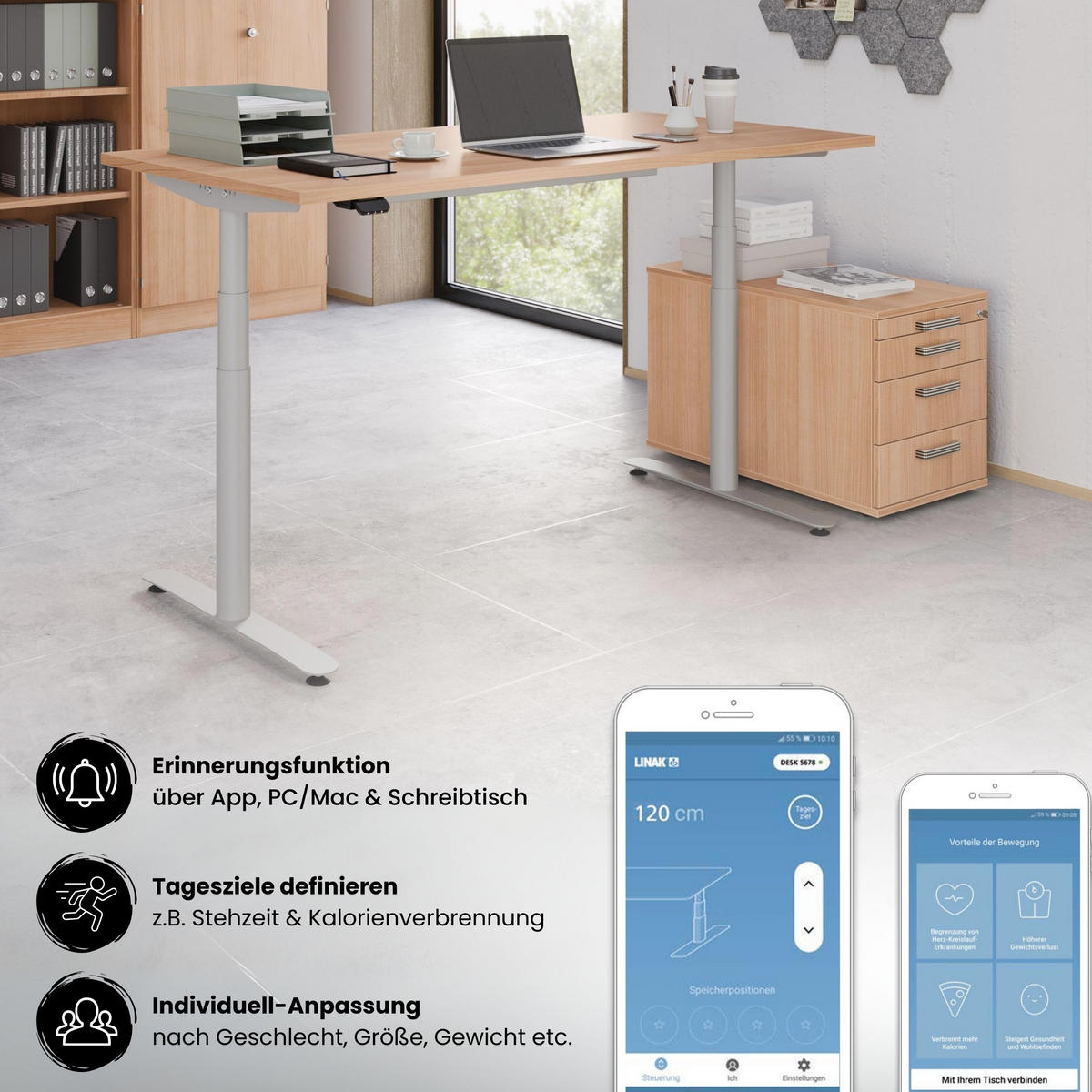SCHREIBTISCH elektrisch Bluetooth & App XDLR 180/80/72 cm in Weiß/Weiß - Weiß, Holzwerkstoff (180/80/72cm) - bümö