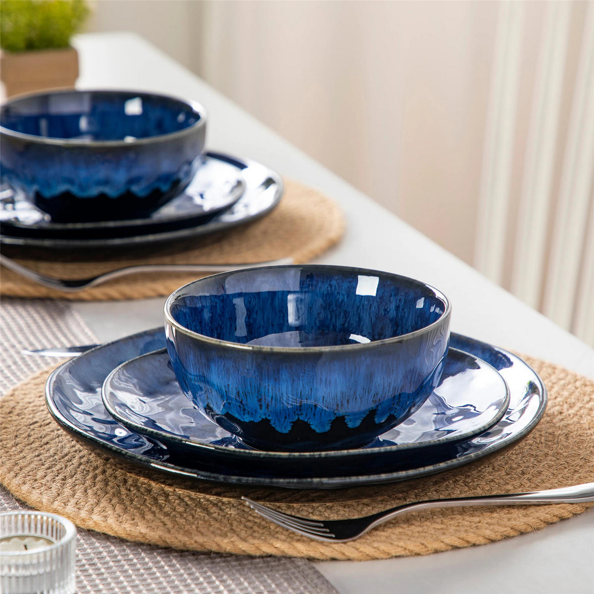 KOMBISERVICE 12-teilig aus Steinzeug, Blau, Geschirr für 4 Personen - Blau, Keramik (27/2.8/27cm) - Kaket