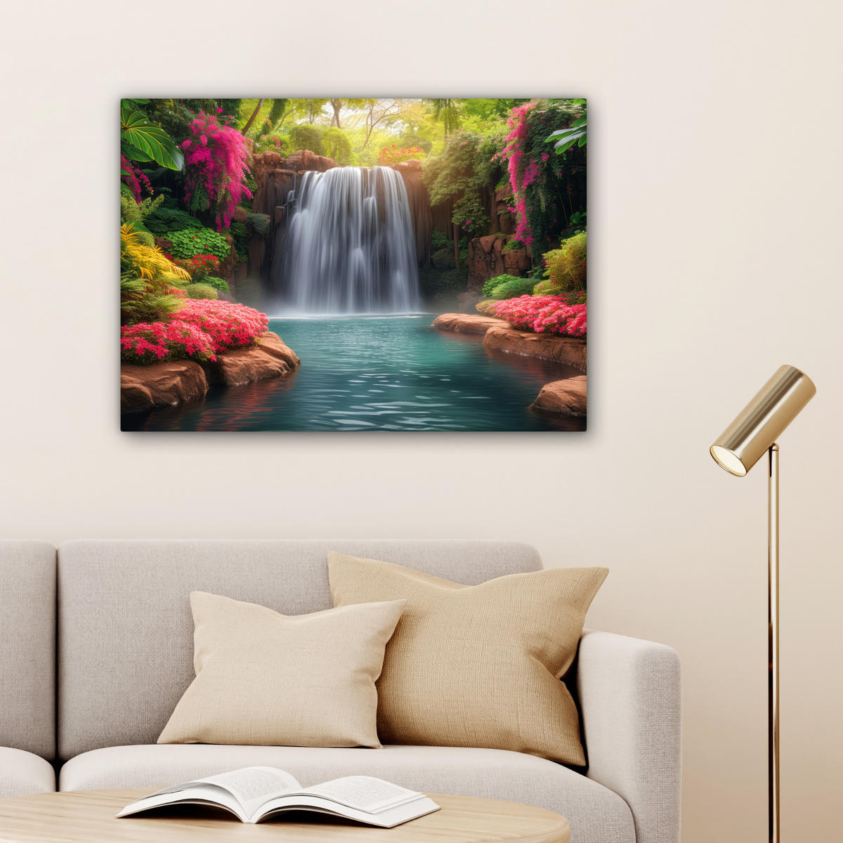 LEINWANDBILD Wasserfall - Natur - Pflanzen - Dschungel - Wasser Wandbilder 80x60 cm - Grün, Textil (80/60cm) - MuchoWow