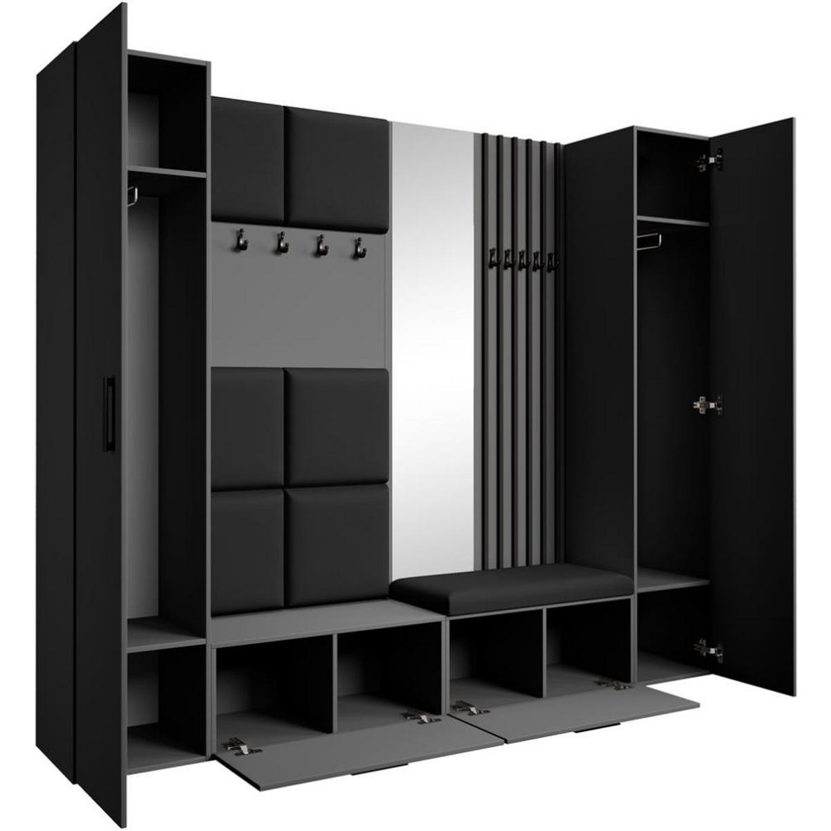 GARDEROBE Margaret XL 242/203/43 mit gepolsterten Paneelen/Lamellen/Spiegel - Schwarz/Graphitfarben, Holzwerkstoff/Kunststoff (242/203/43cm) - Beautysofa