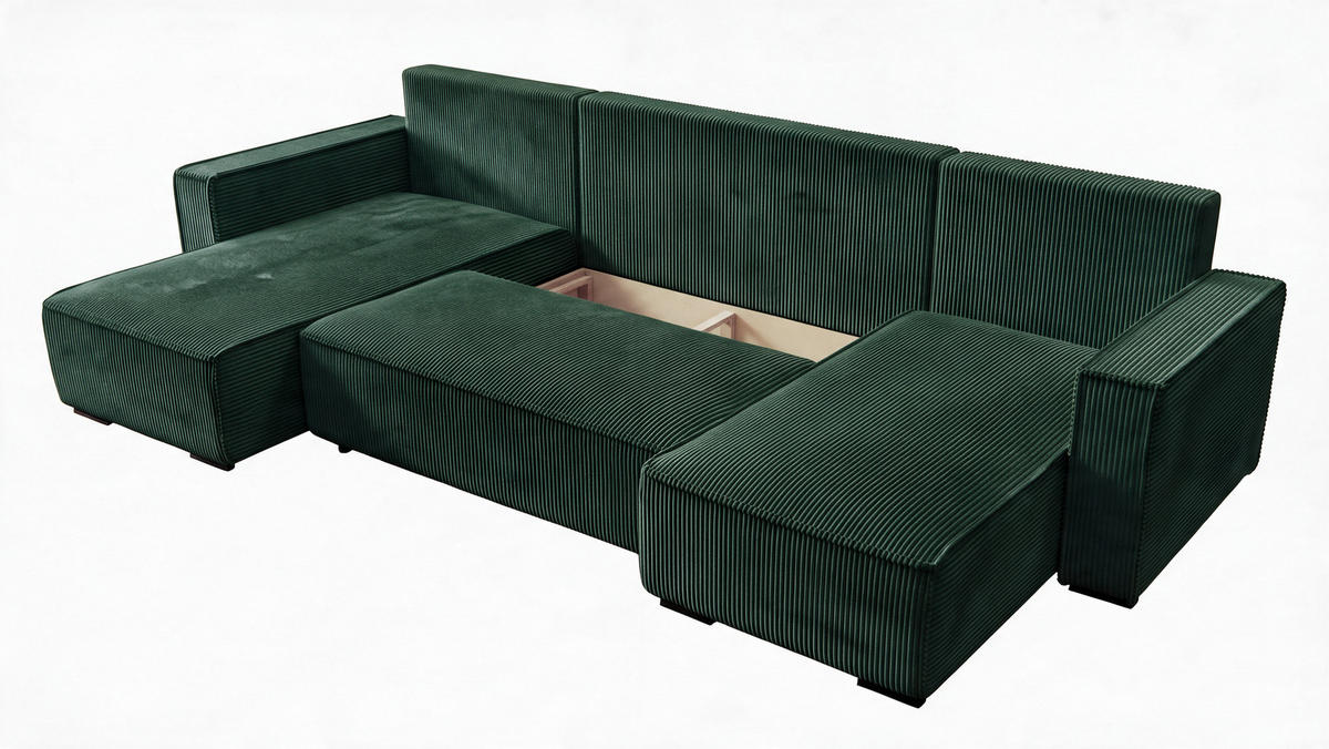 WOHNLANDSCHAFT CUDDY U mit Schlaffunktion und Bettkasten, Farbe: Grün, Cordstoff - Grün, Textil (305/85/140cm) - Storez24