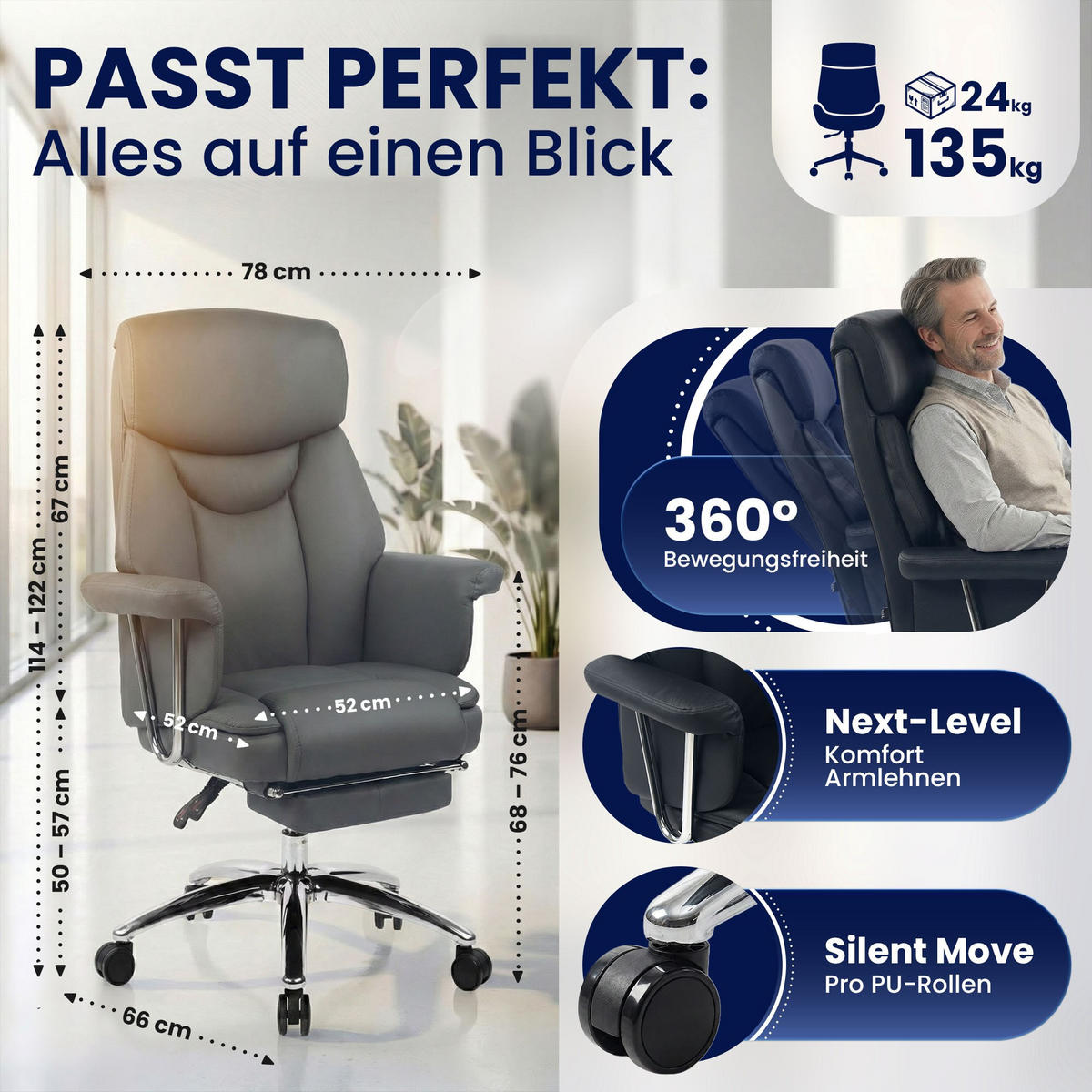 CHEFSESSEL Echtleder Grau - Chromfarben/Grau, Leder/Metall (78/114/66cm) - CLP