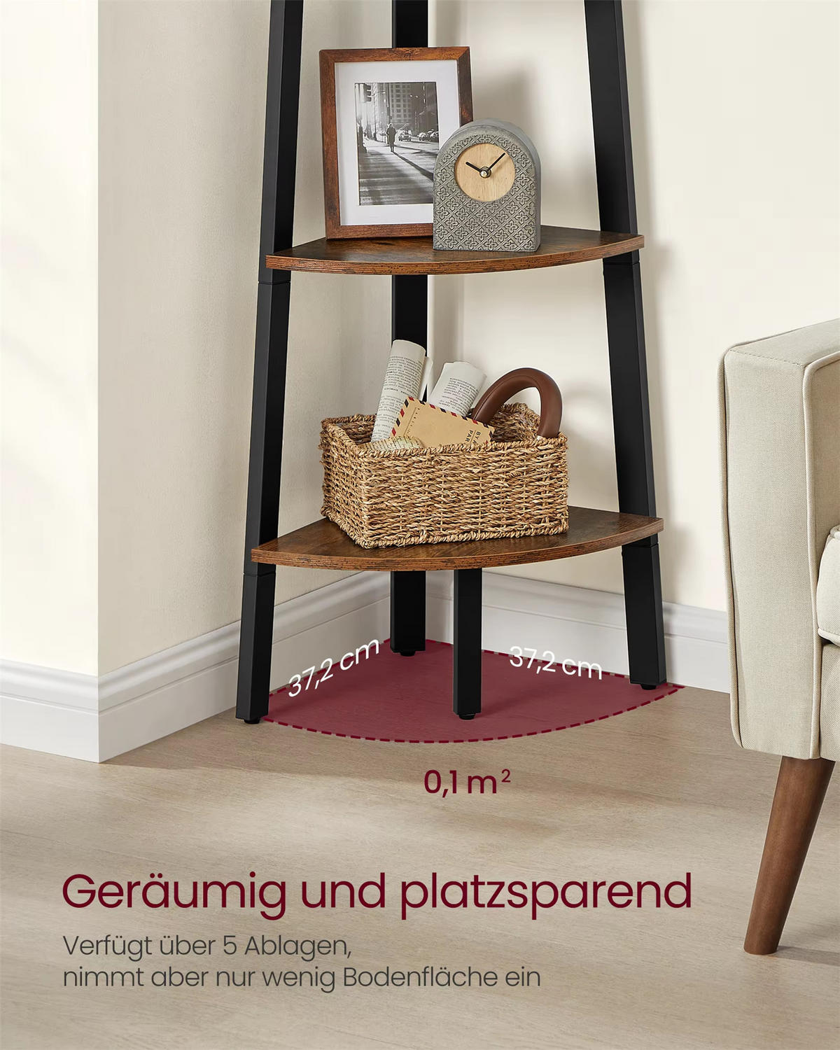 ECKREGAL Metall & Holz 5 Ebenen Designregal - Braun, Metall (52/159/37cm) - Kaket