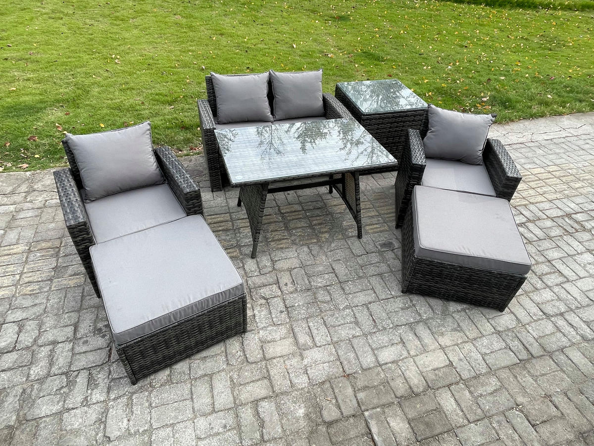 GARTENMÖBELSET mit ESSTISCH,HOCHLEHNER-SOFA Polyrattan Dunkelgrauer Mix 6-Sitzer - Dunkelgrau/Grau, Glas/Kunststoff - Fimous