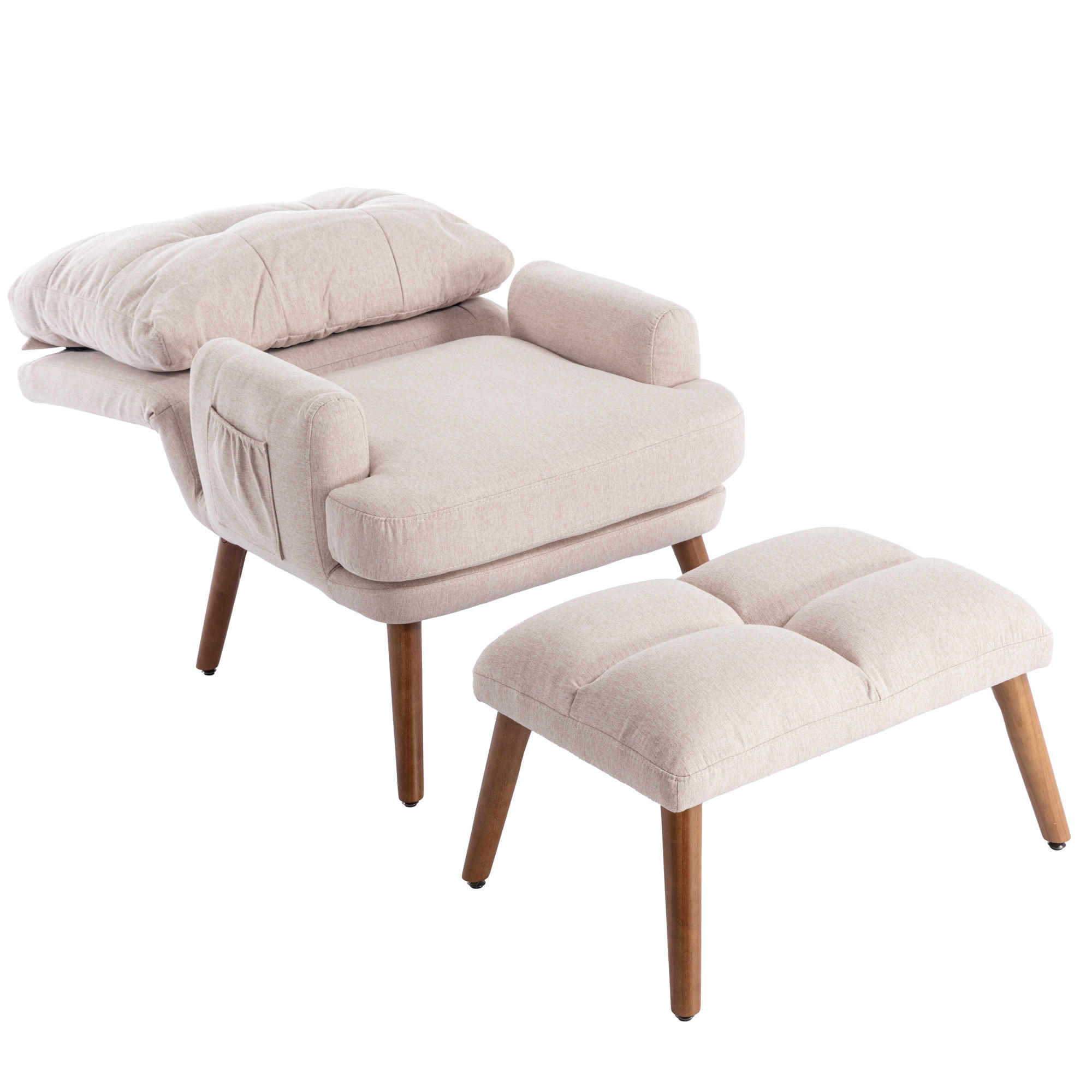 RELAXSESSEL Stoff Beige mit Fußhocker, Seitentasche und verstellbarer Rückenlehne - Beige, Holzwerkstoff/Textil (66/96.5/60cm) - WISHDOR